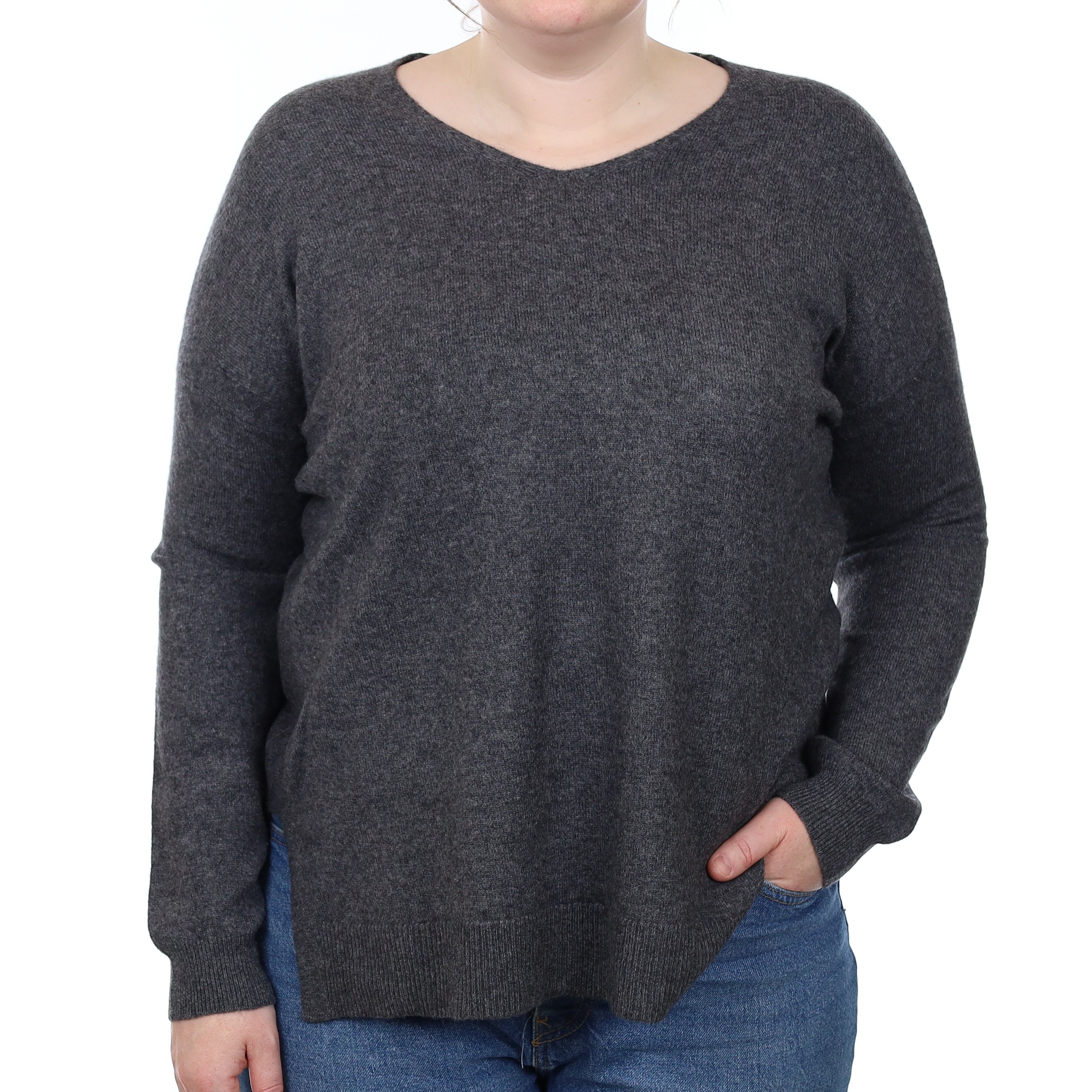 Slate Grey Cashmere Longline V Neck Jumper Large
