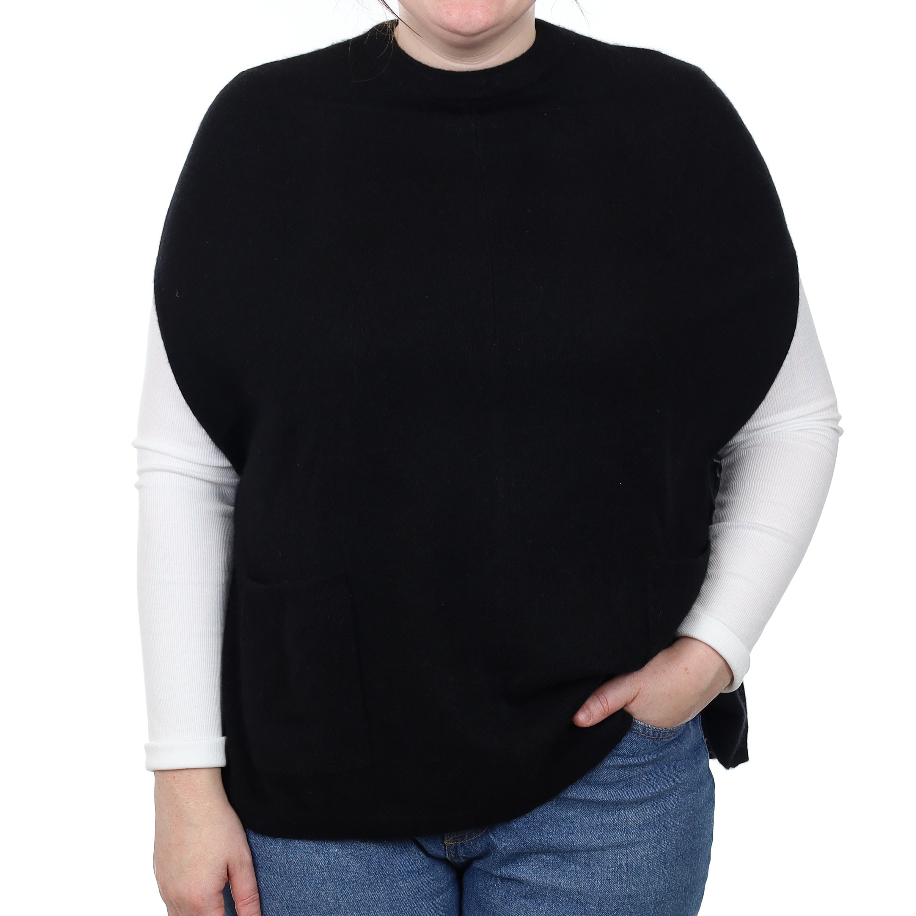 Black Cashmere Sleeveless Crew Neck Tunic with Pockets Large