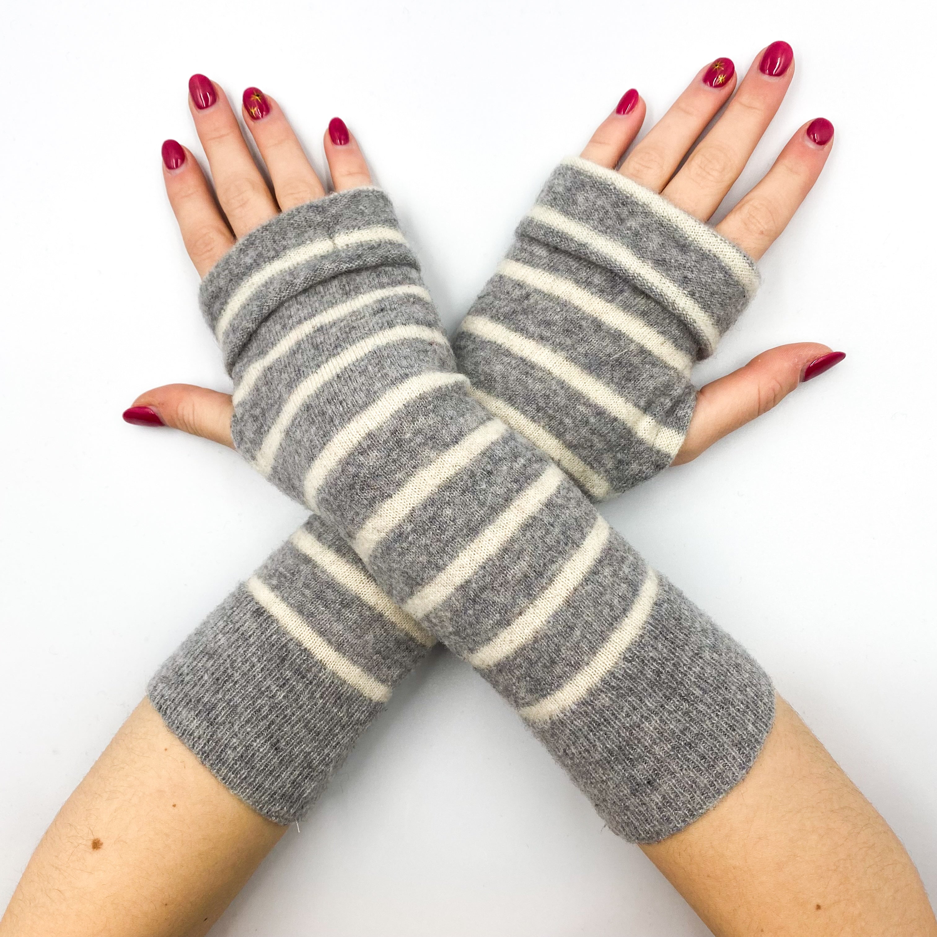 Ash Grey and Ivory Stripe Fingerless Gloves