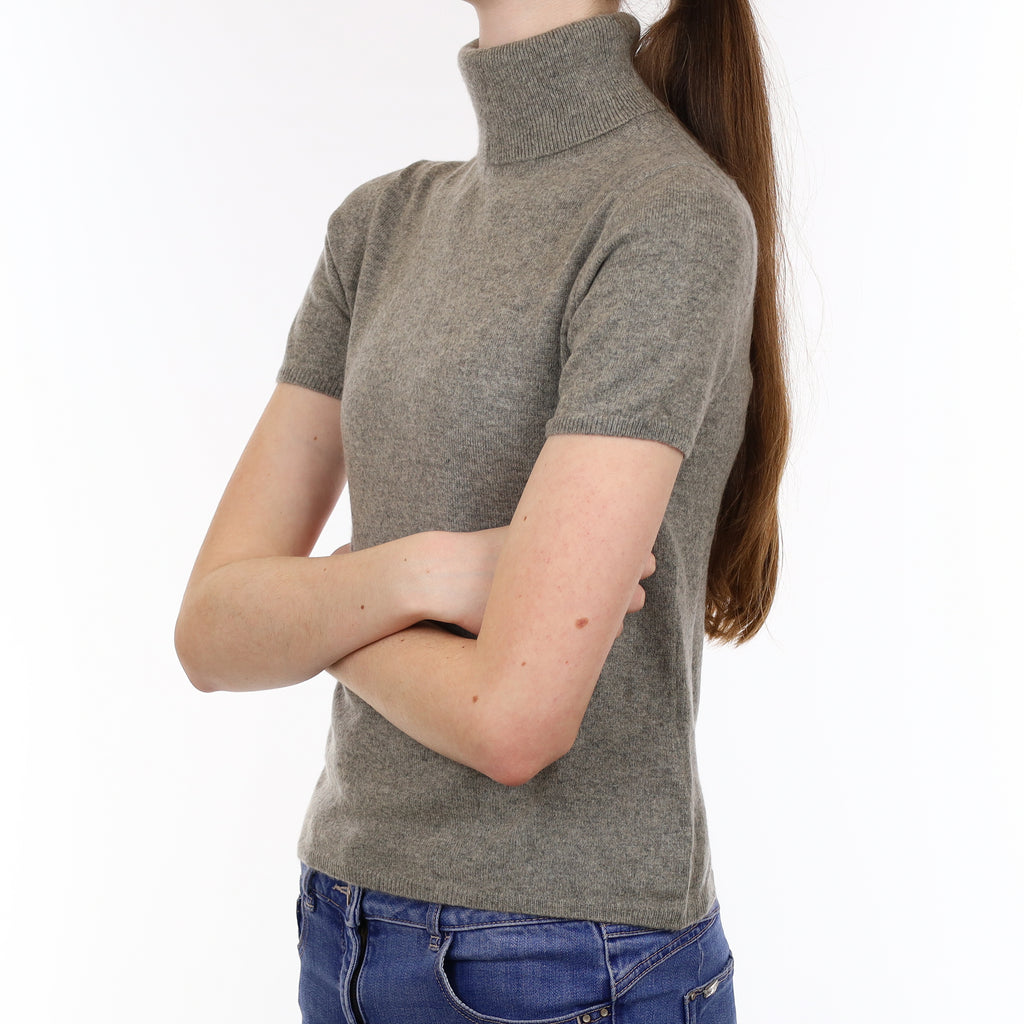 Ash Grey Cashmere Short Sleeved Polo Neck Jumper Extra Small