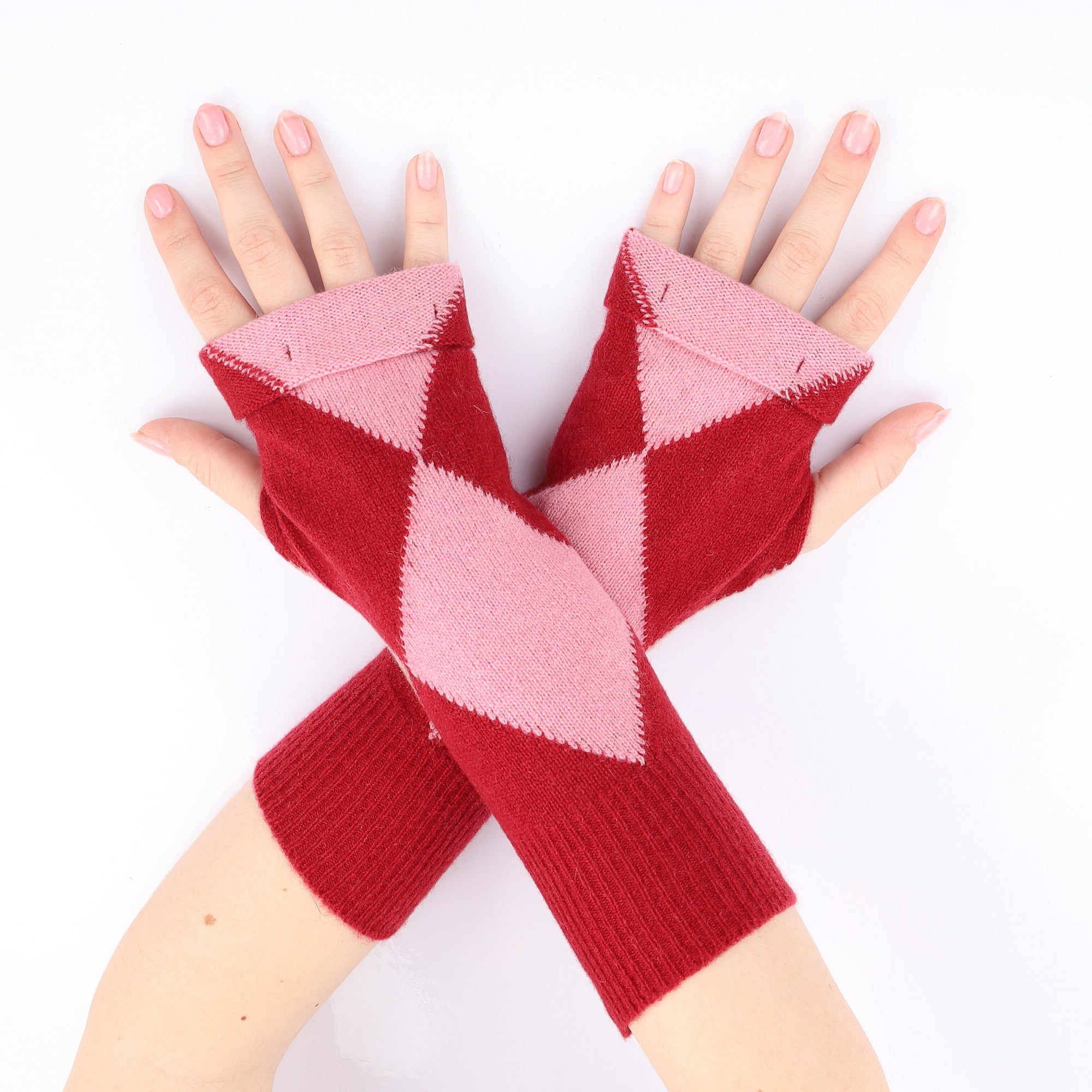 Crimson and Pink Diamond Fingerless Gloves