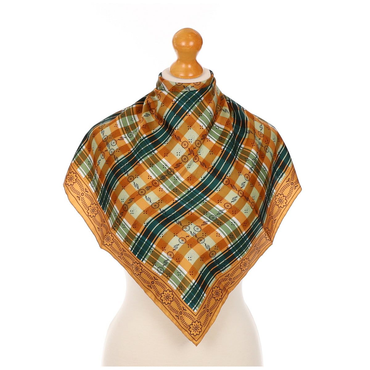 Checked Green and Camel Vintage Silk Scarf