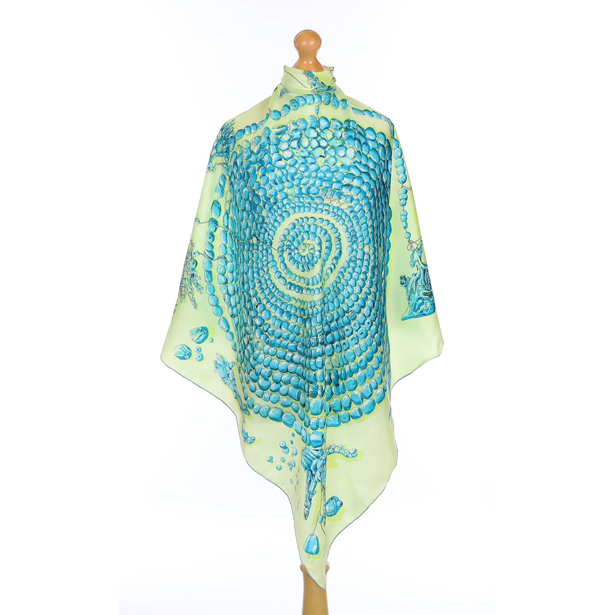 Aqua and Lime Bead Patterned Silk Scarf