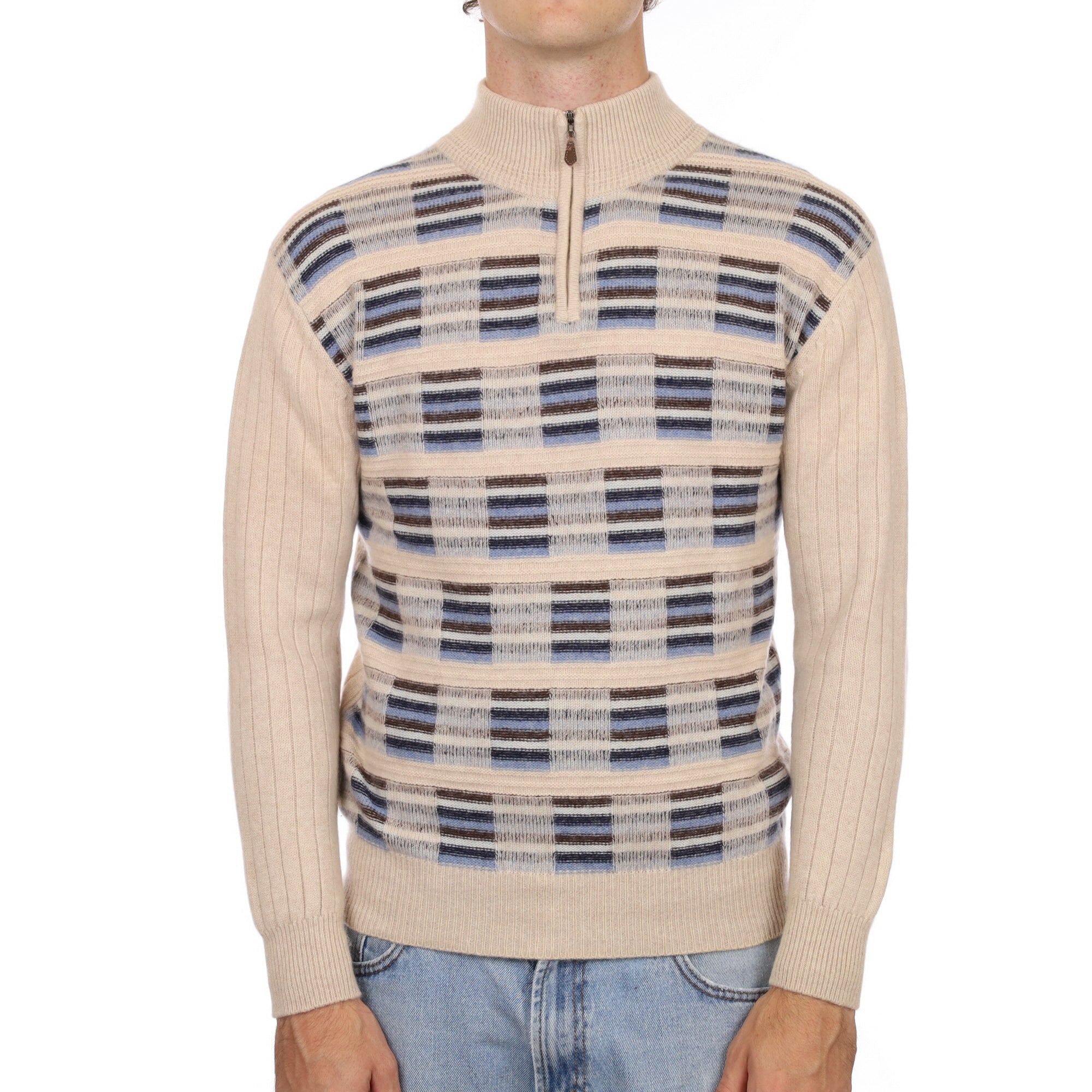 Men’s Sand Beige Patterned Cashmere 1/4 Zip Neck Large