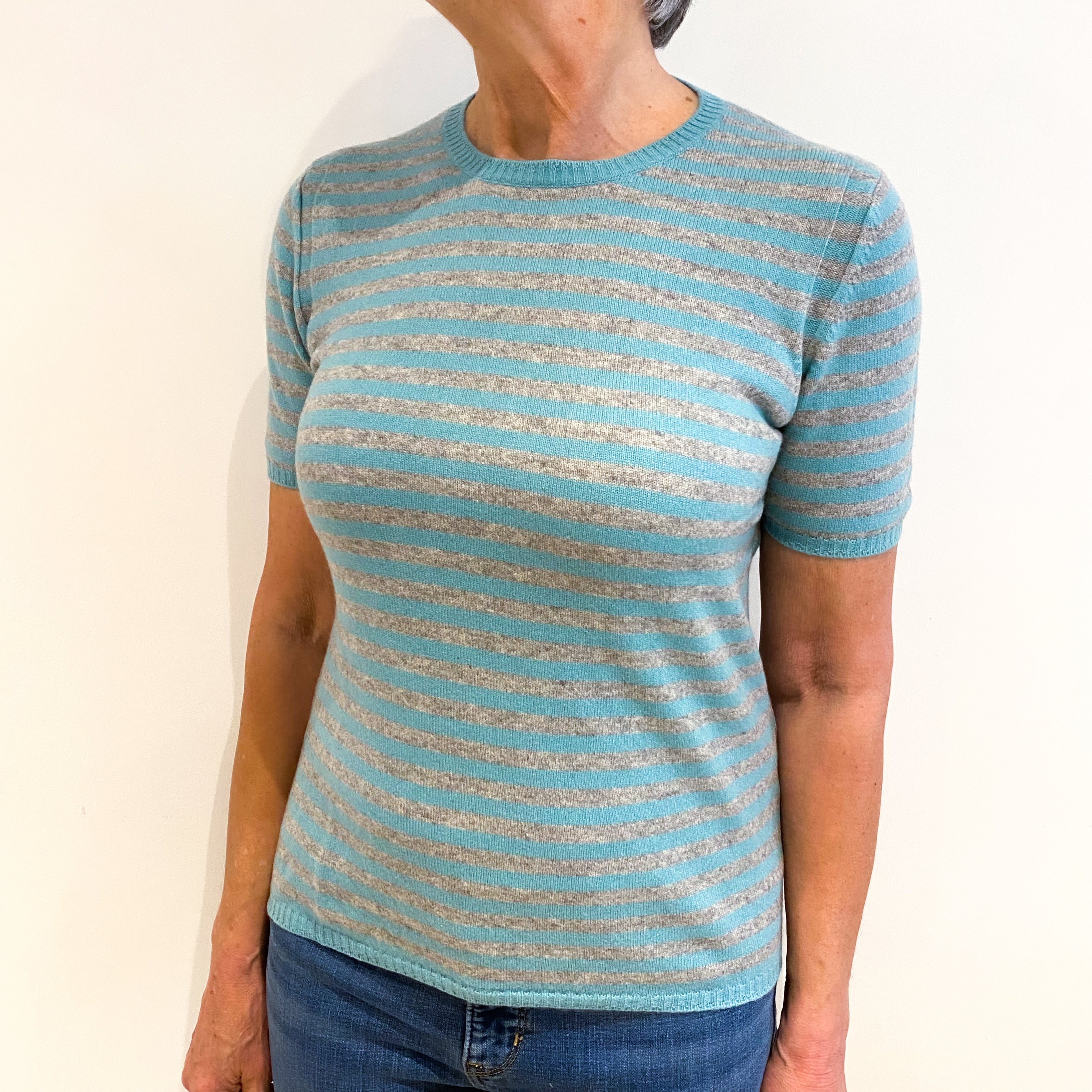 Aqua Grey Stripe Cashmere Short Sleeve Crew Neck Jumper Medium