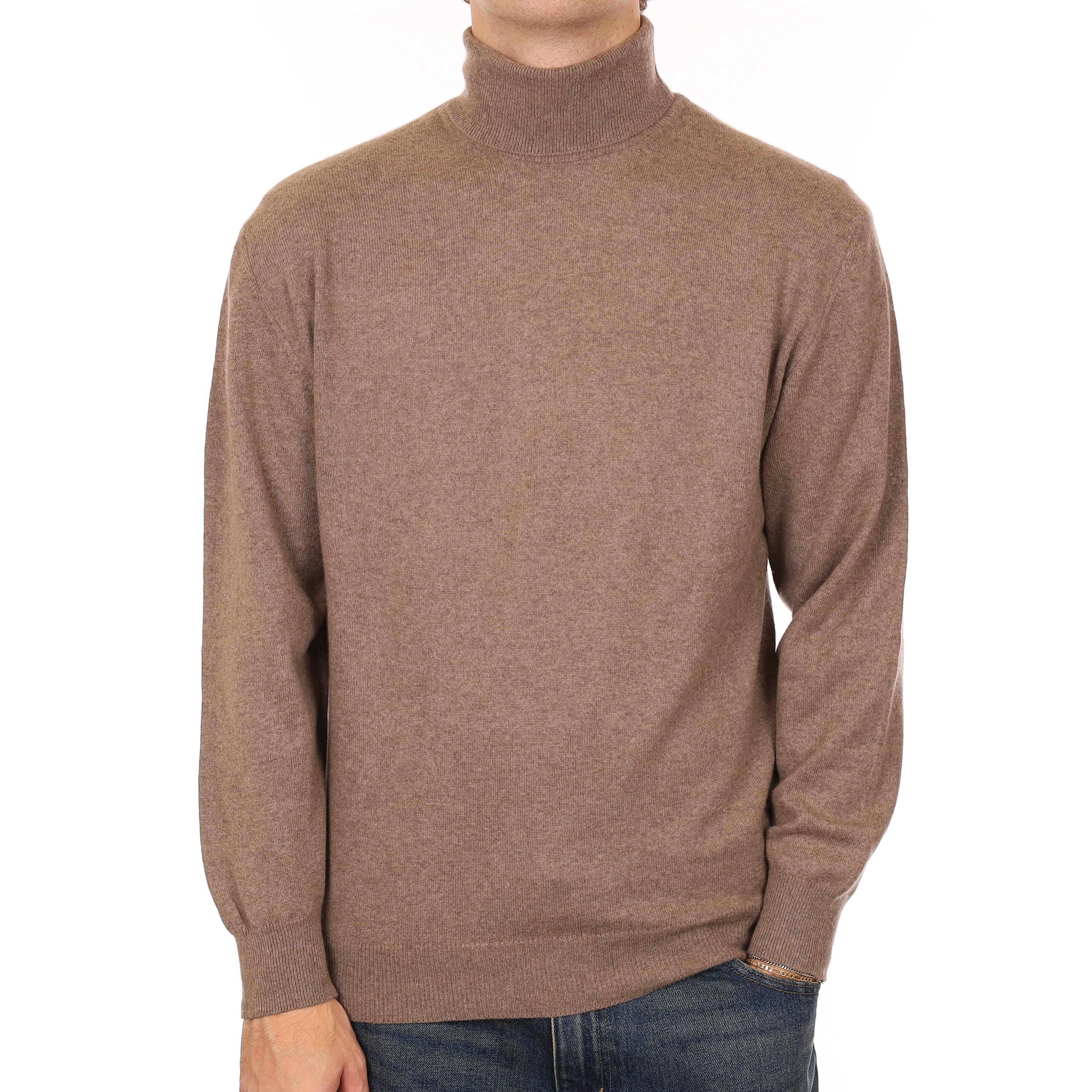 Men’s Taupe Brown Cashmere Polo Neck Jumper Medium