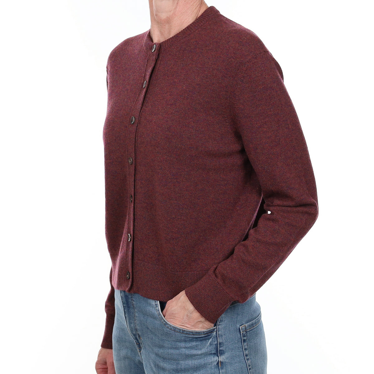 Brand New Scottish Mulberry Marl Cashmere Crew Neck Cardigan Small