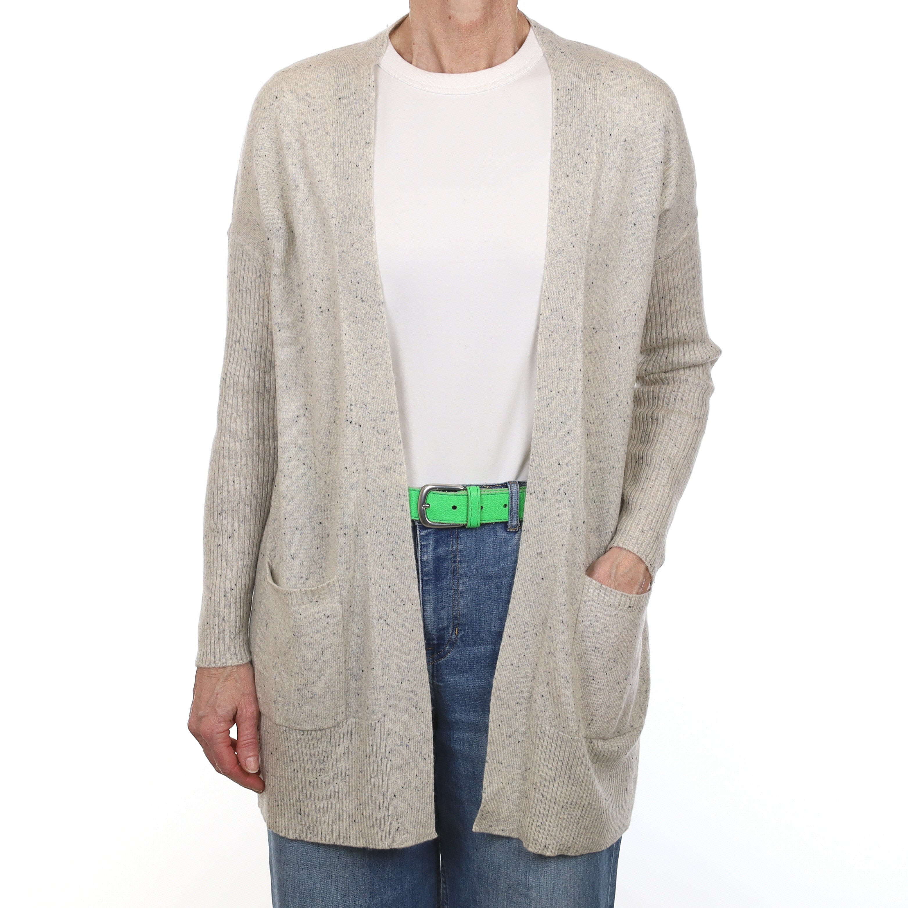 Grey Flecked Cashmere Edge to Edge Cardigan with Pockets Small
