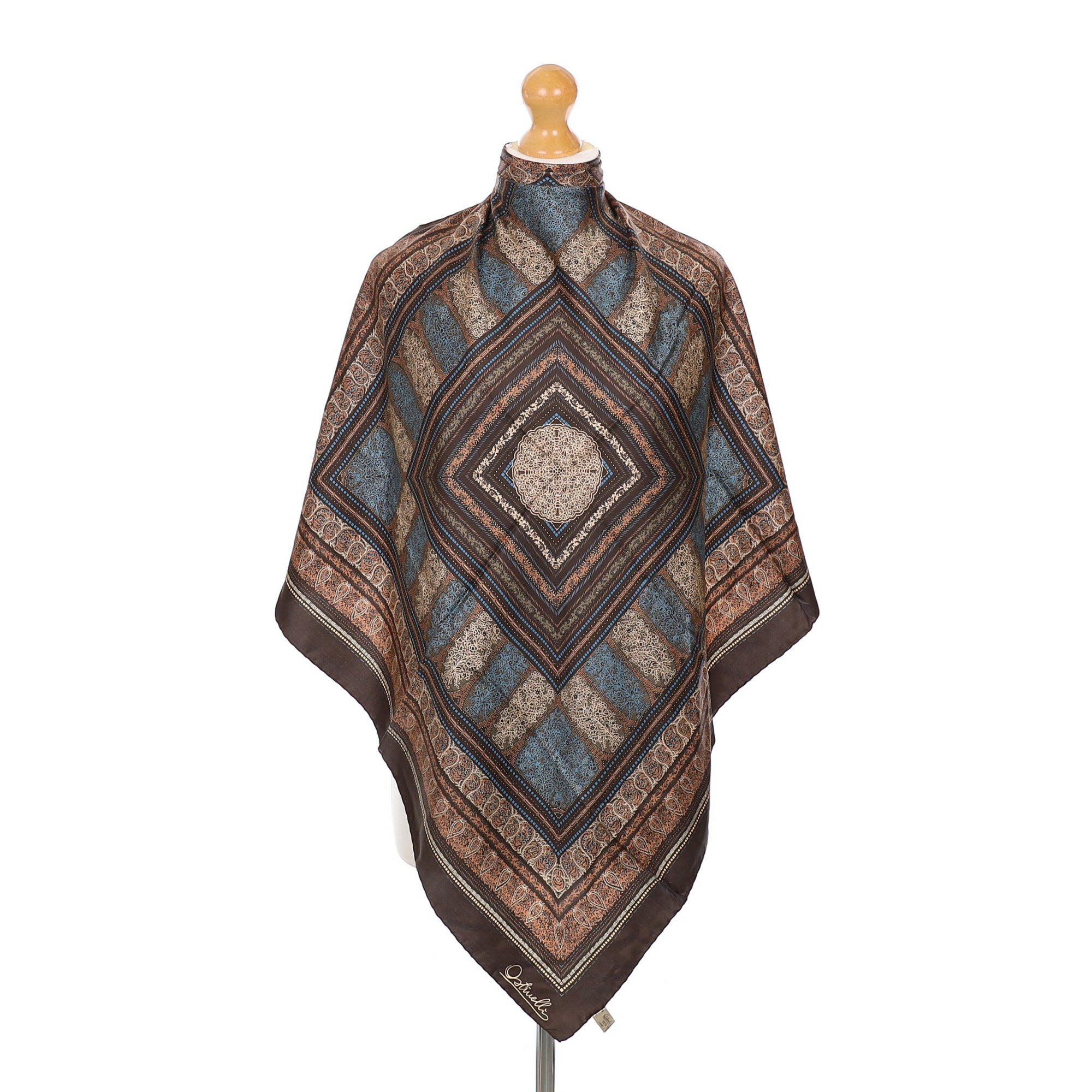 Brand New Ostinelli Brown and Blue Vintage Silk Scarf