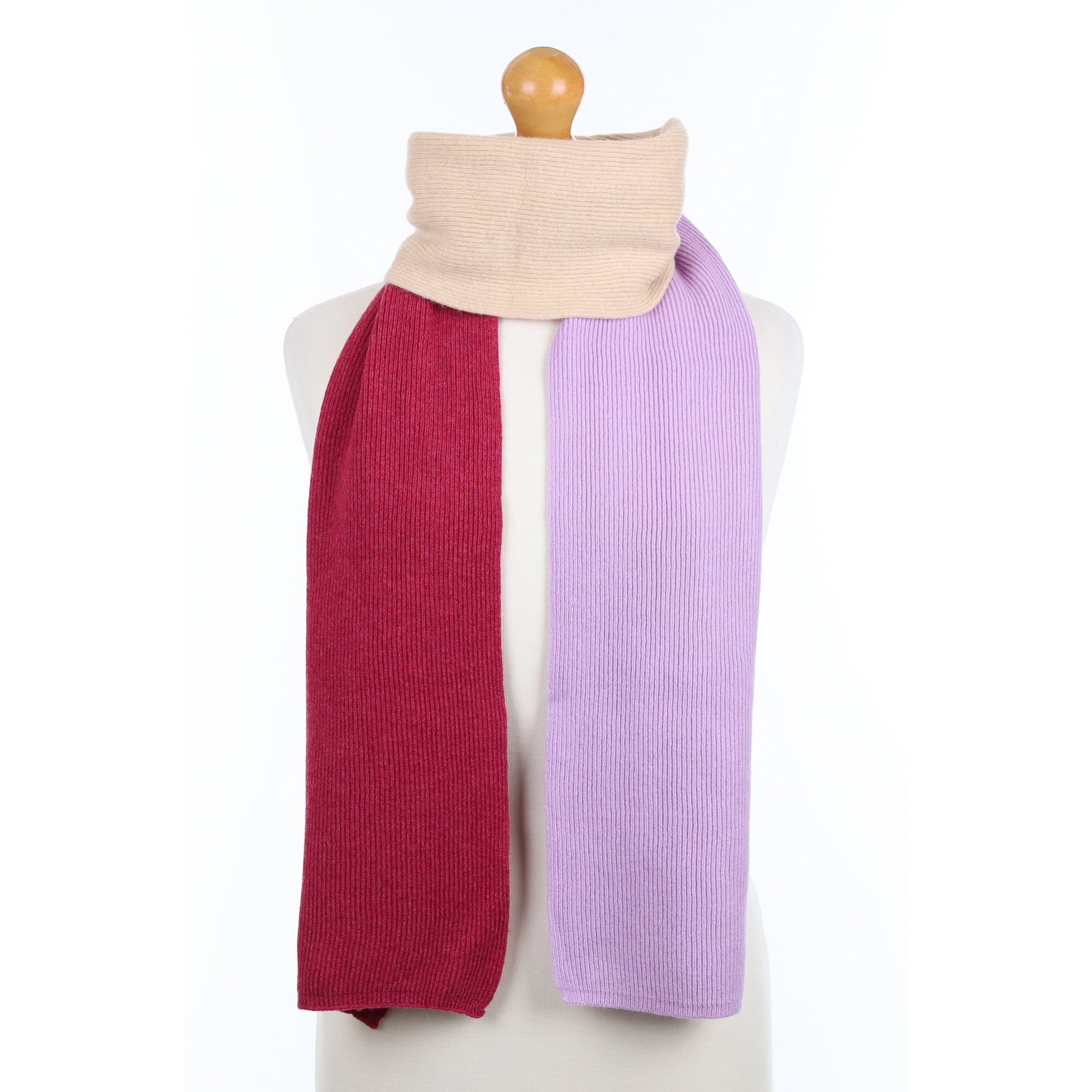 Brand New Scottish Raspberry Lavender & Beige Cashmere Ribbed Scarf