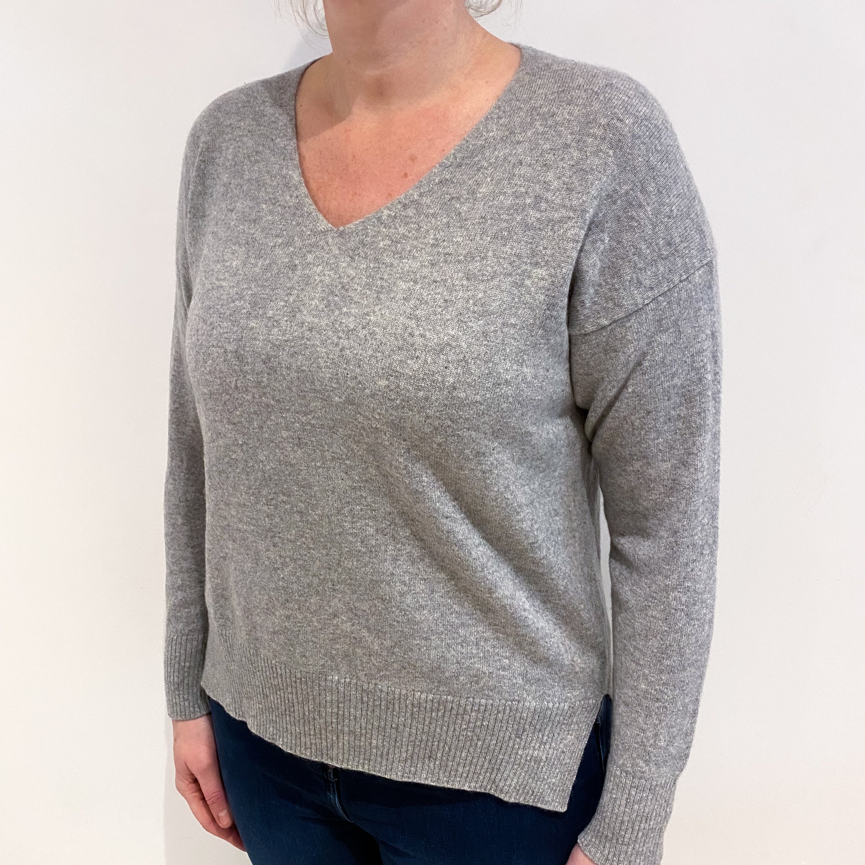 Smoke Grey Boxy Cashmere V Neck Jumper Large