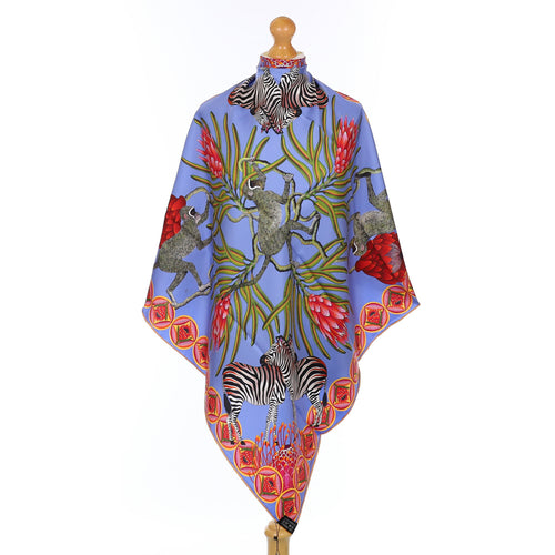 Brand New Bellezza Electric & Sky Blue Zebra Safari Double Faced Silk Scarf