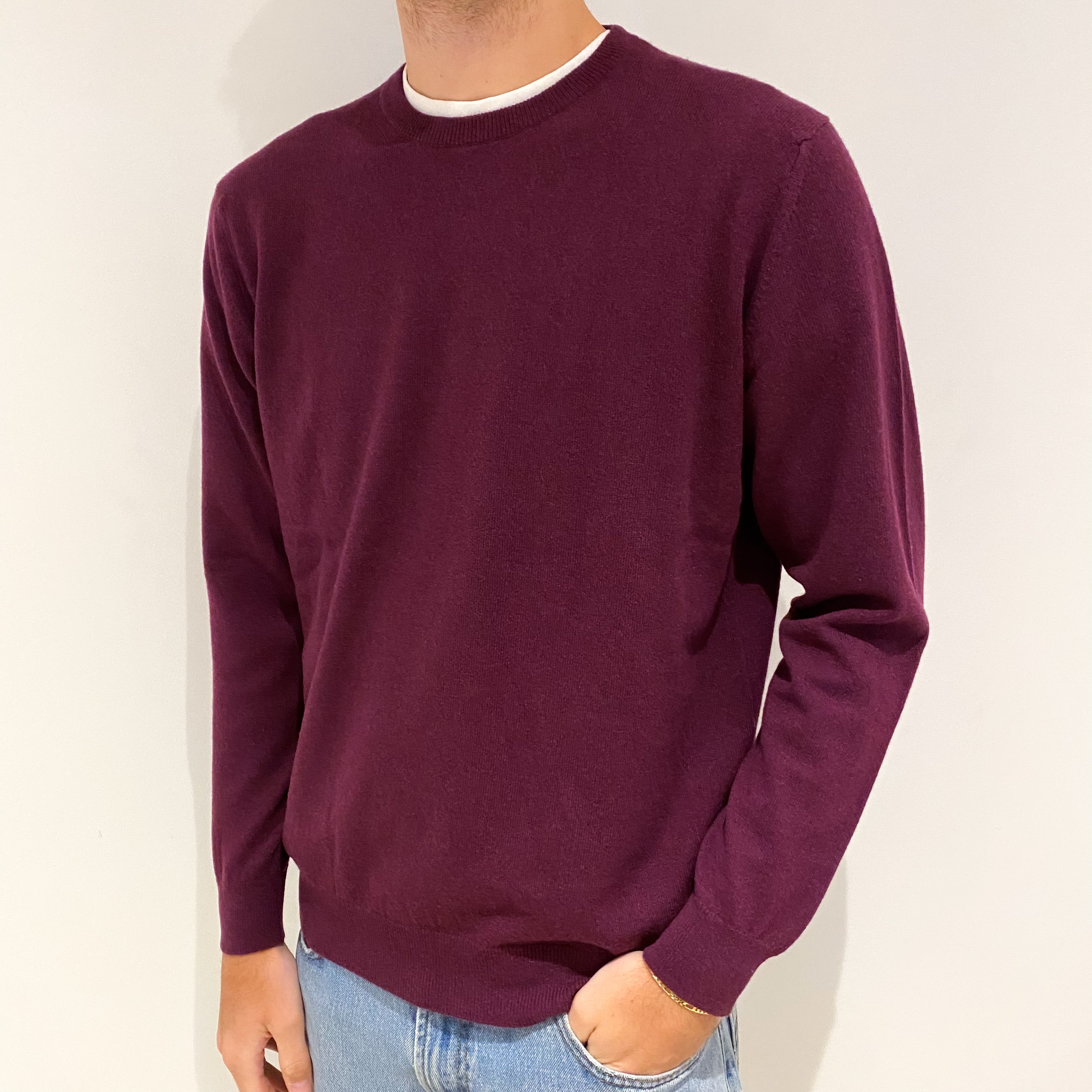 Men's New Plum Purple Cashmere Crew Neck Jumper Large