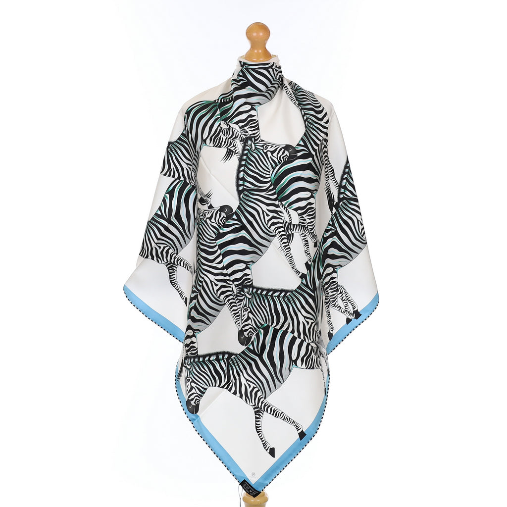 Brand New Bellezza Cobalt & Aqua Zebra Double Faced Silk Scarf