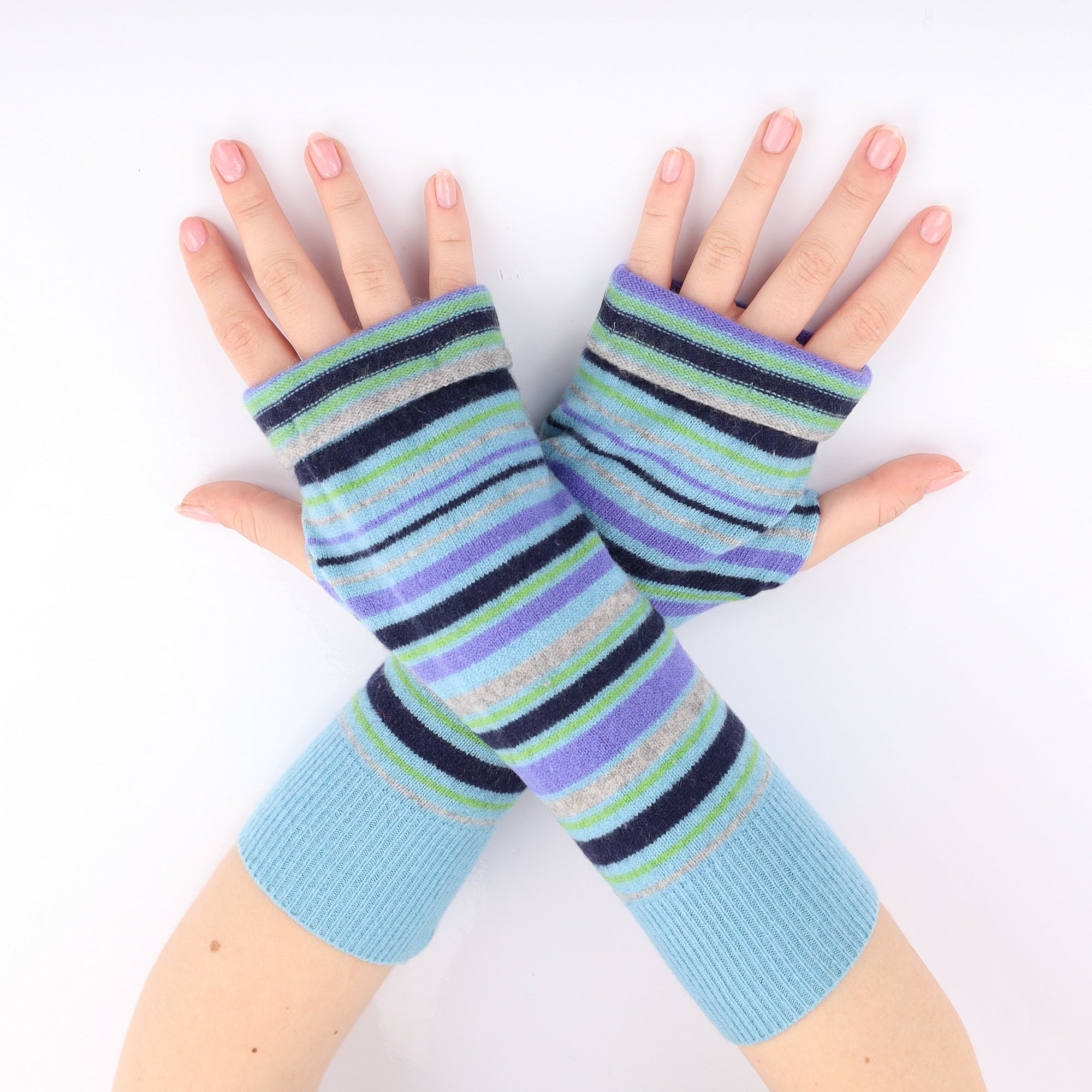 Turquoise and Blue Stripe Fingerless Gloves