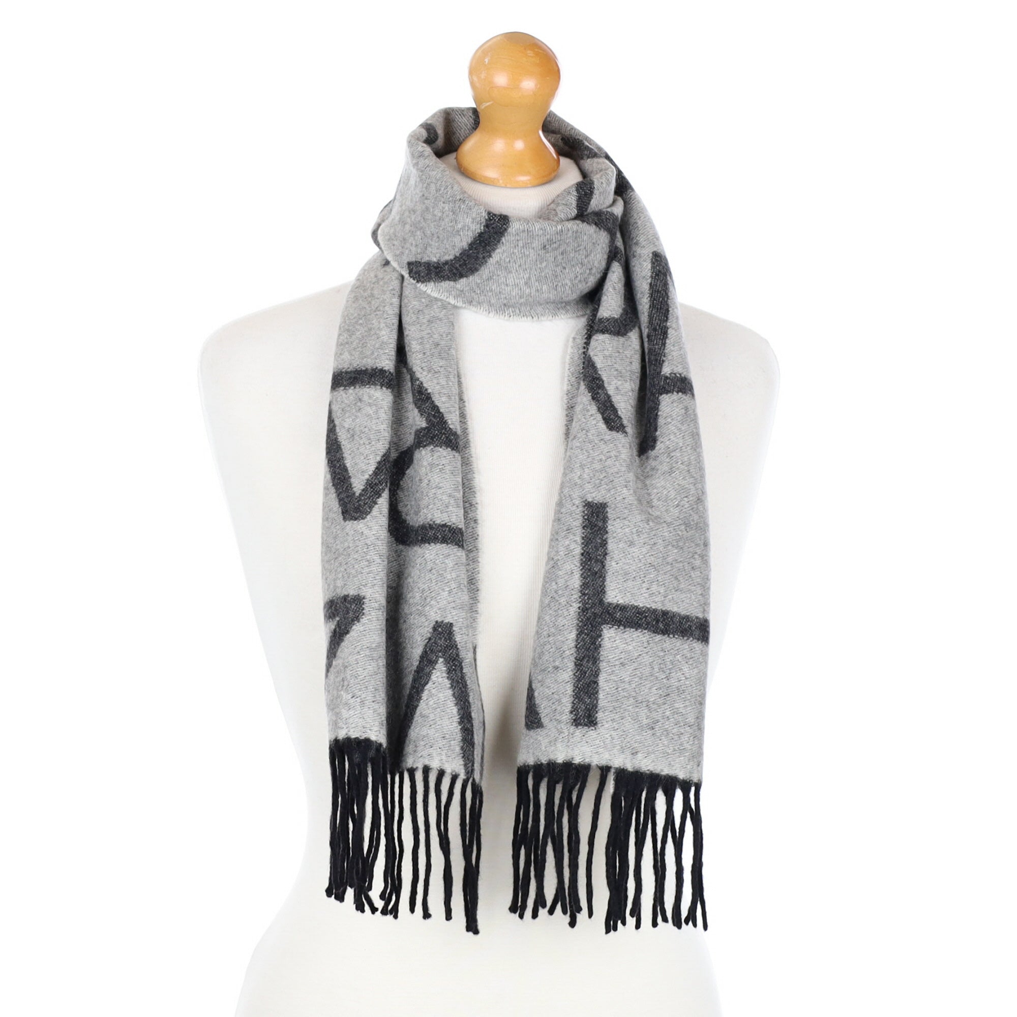 Grey with Letter Detail Cashmere Fringed Woven Scarf