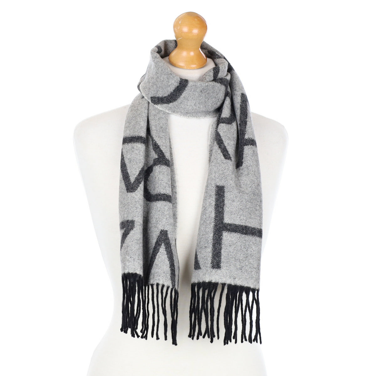 Grey with Letter Detail Cashmere Fringed Woven Scarf