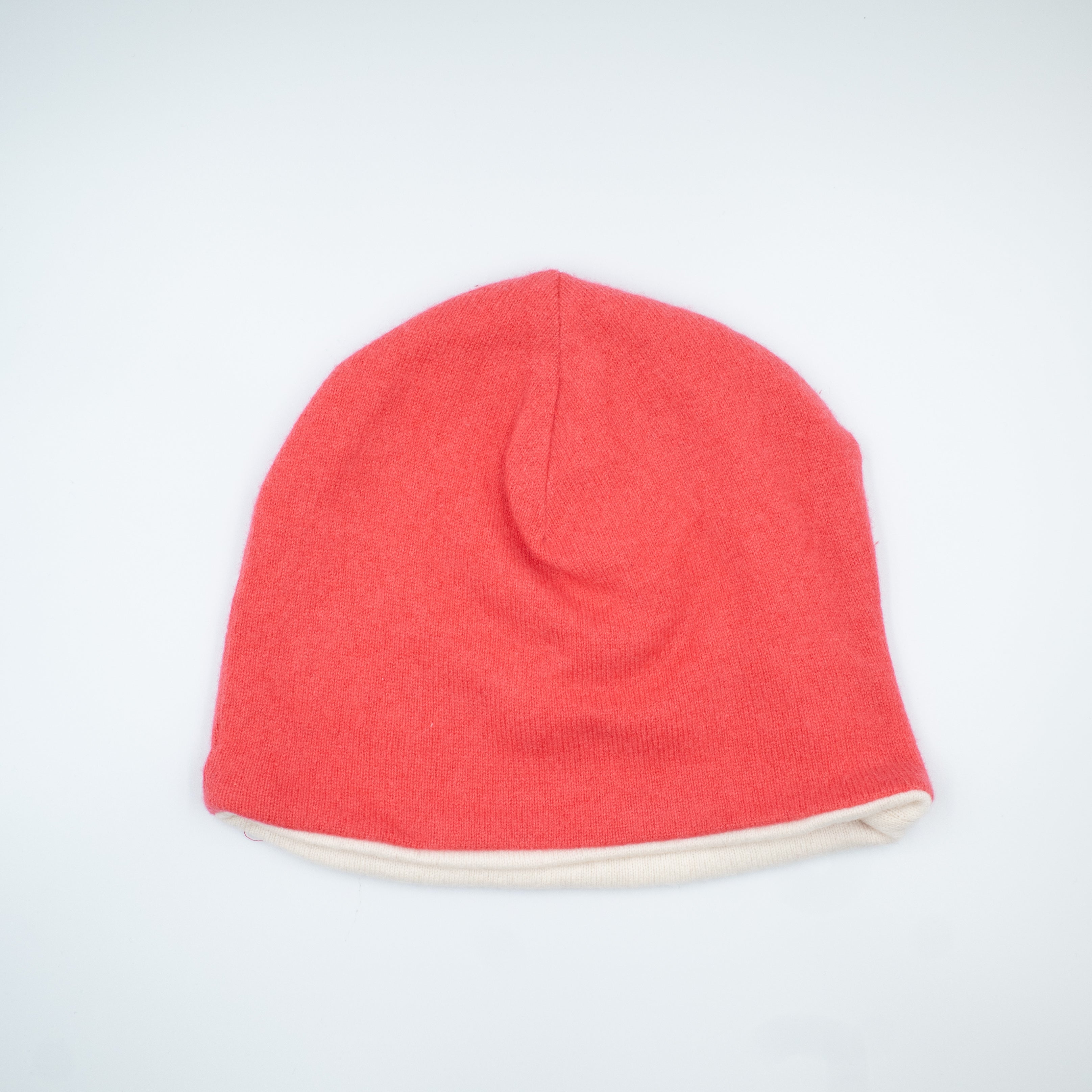 Bright Coral Pink and Cream Cashmere Beanie Hat