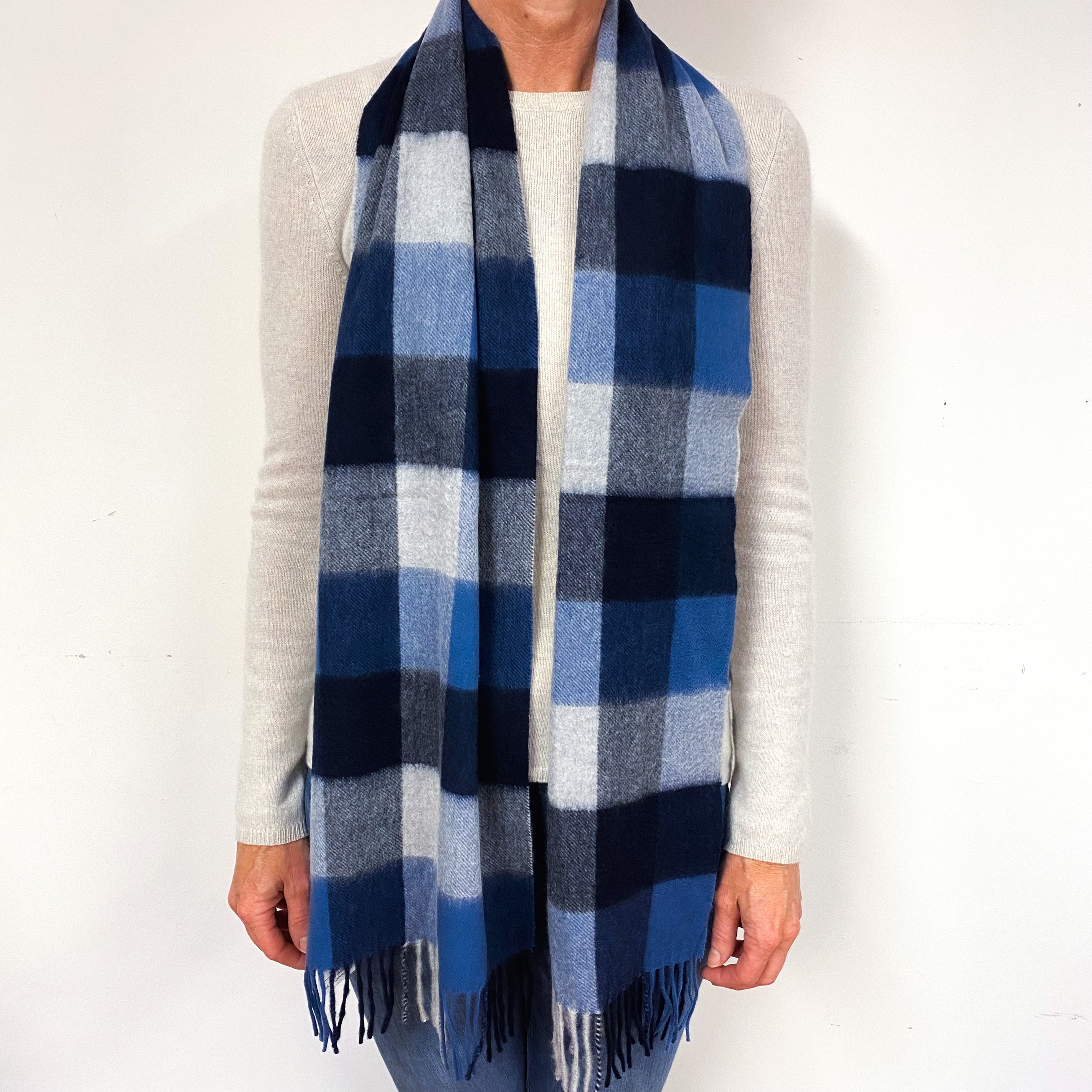 Blue Checked Cashmere Fringed Woven Scarf