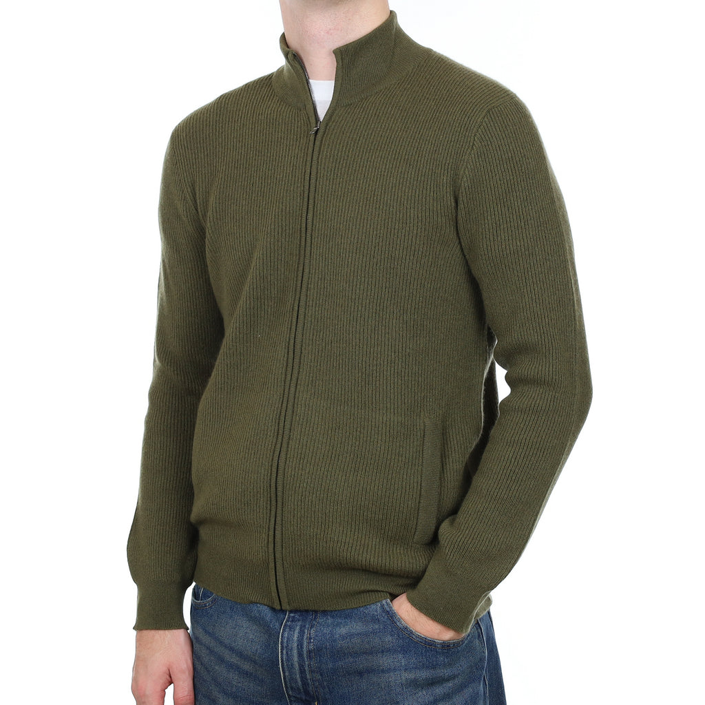 Men’s Brand New Scottish Khaki Green Rib Cashmere Zip Up Cardigan with Pockets Medium