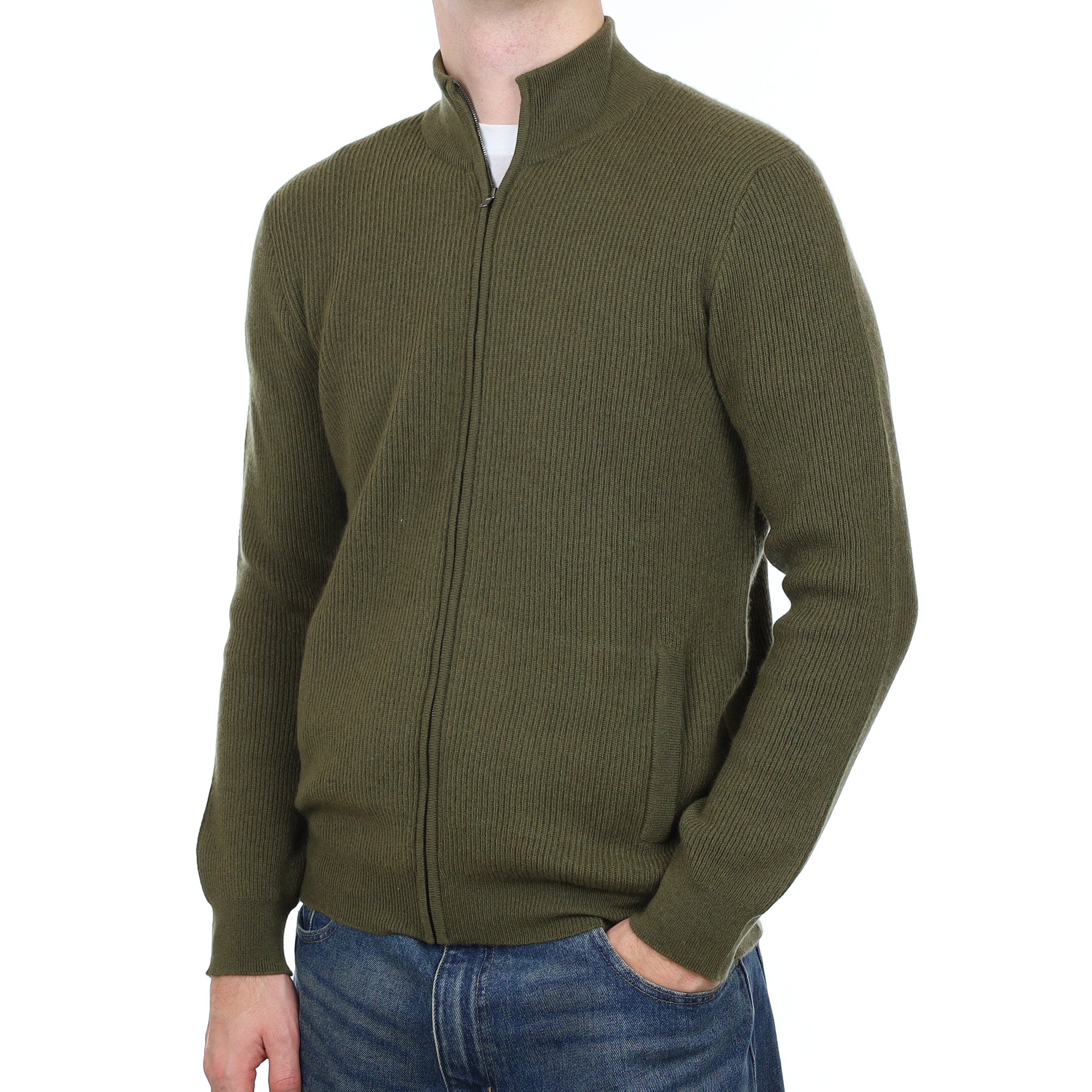 Men’s Brand New Scottish Khaki Green Rib Cashmere Zip Up Cardigan with Pockets Medium
