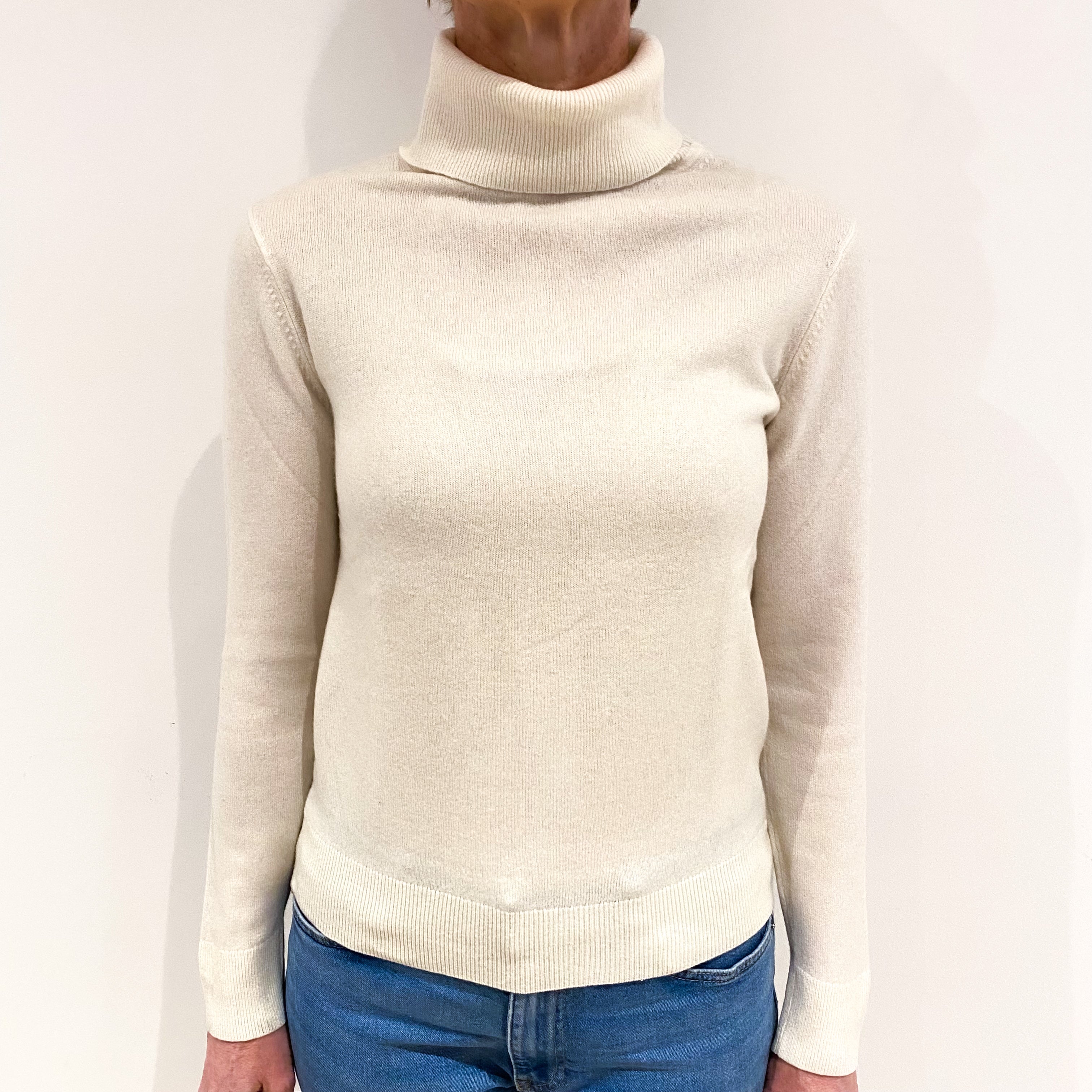 Ivory White Cashmere Polo Neck Jumper Small