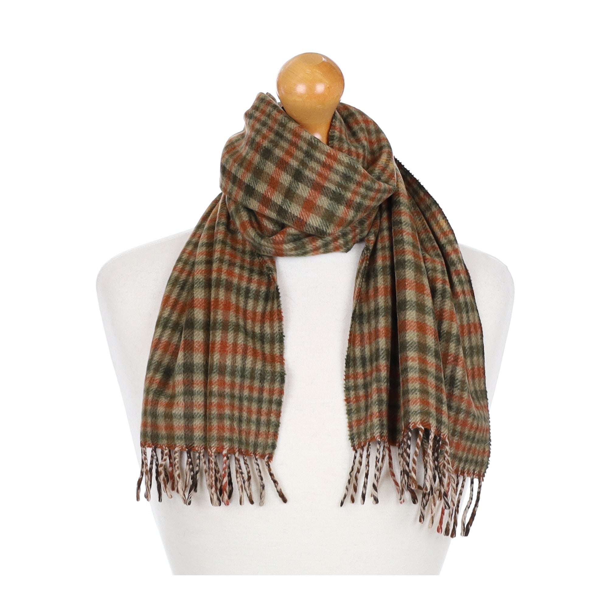 Khaki and Rust Red Fringed Cashmere Woven Scarf