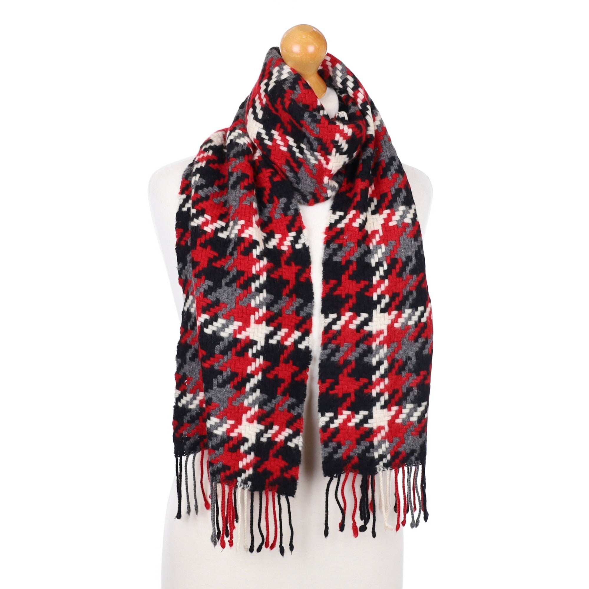 Black/Red Check Fringed Cashmere Woven Scarf