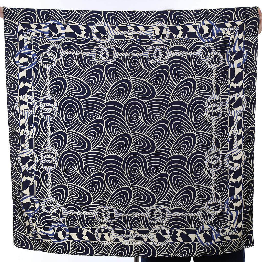 Gucci Navy Wave Patterned Silk Scarf