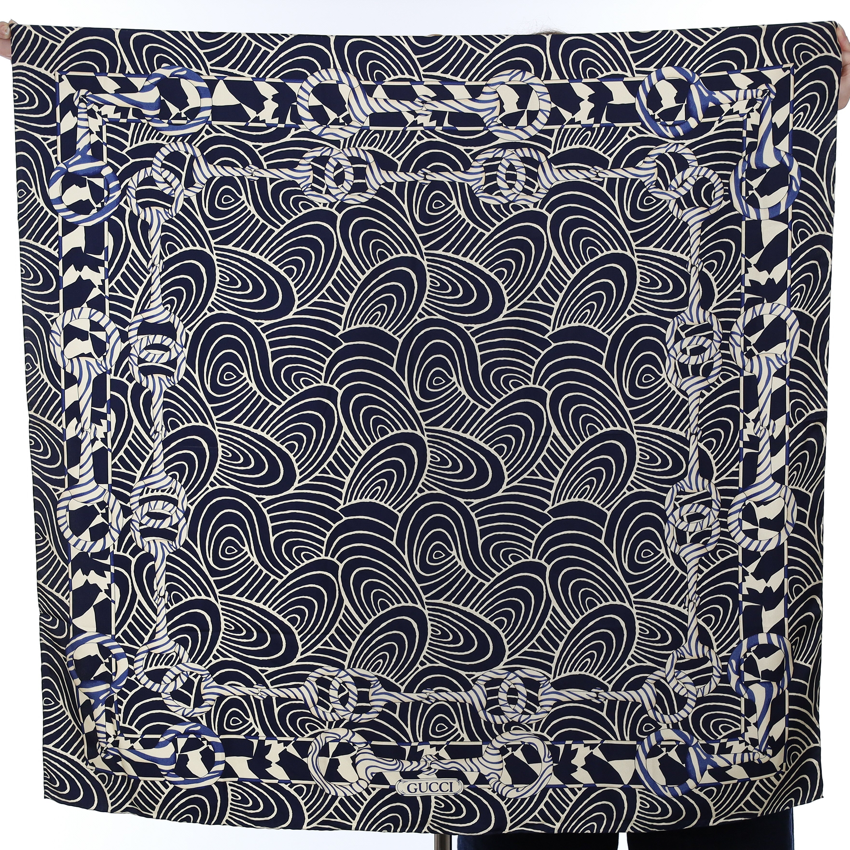 Gucci Navy Wave Patterned Silk Scarf