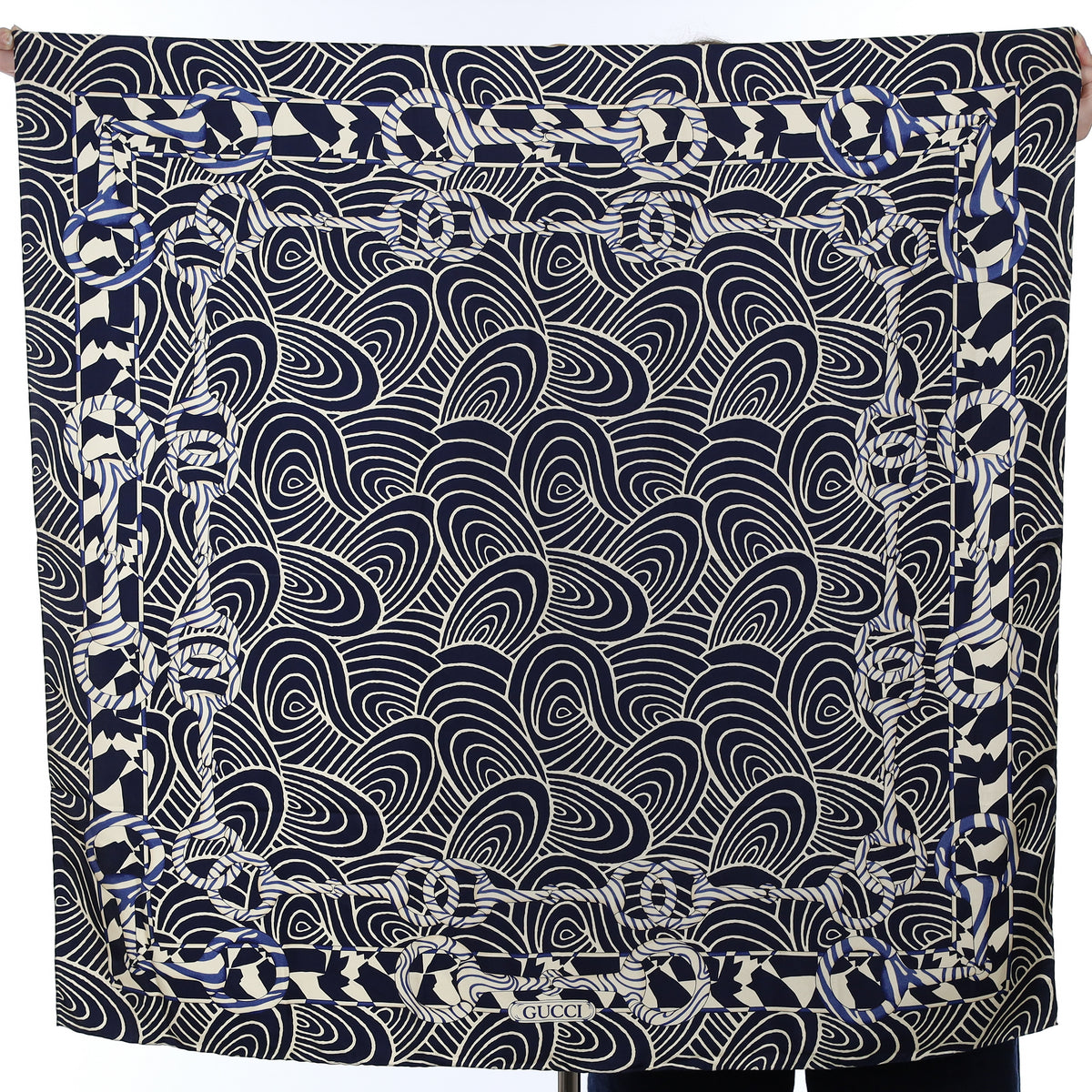 Gucci Navy Wave Patterned Silk Scarf