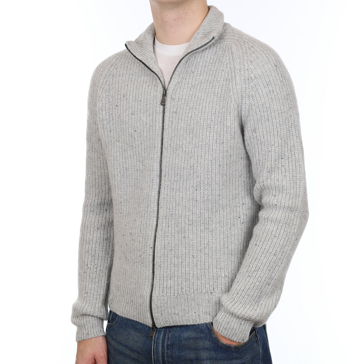 Men’s Brand New Scottish Grey Flecked Chunky Cashmere Zip Up Cardigan Medium