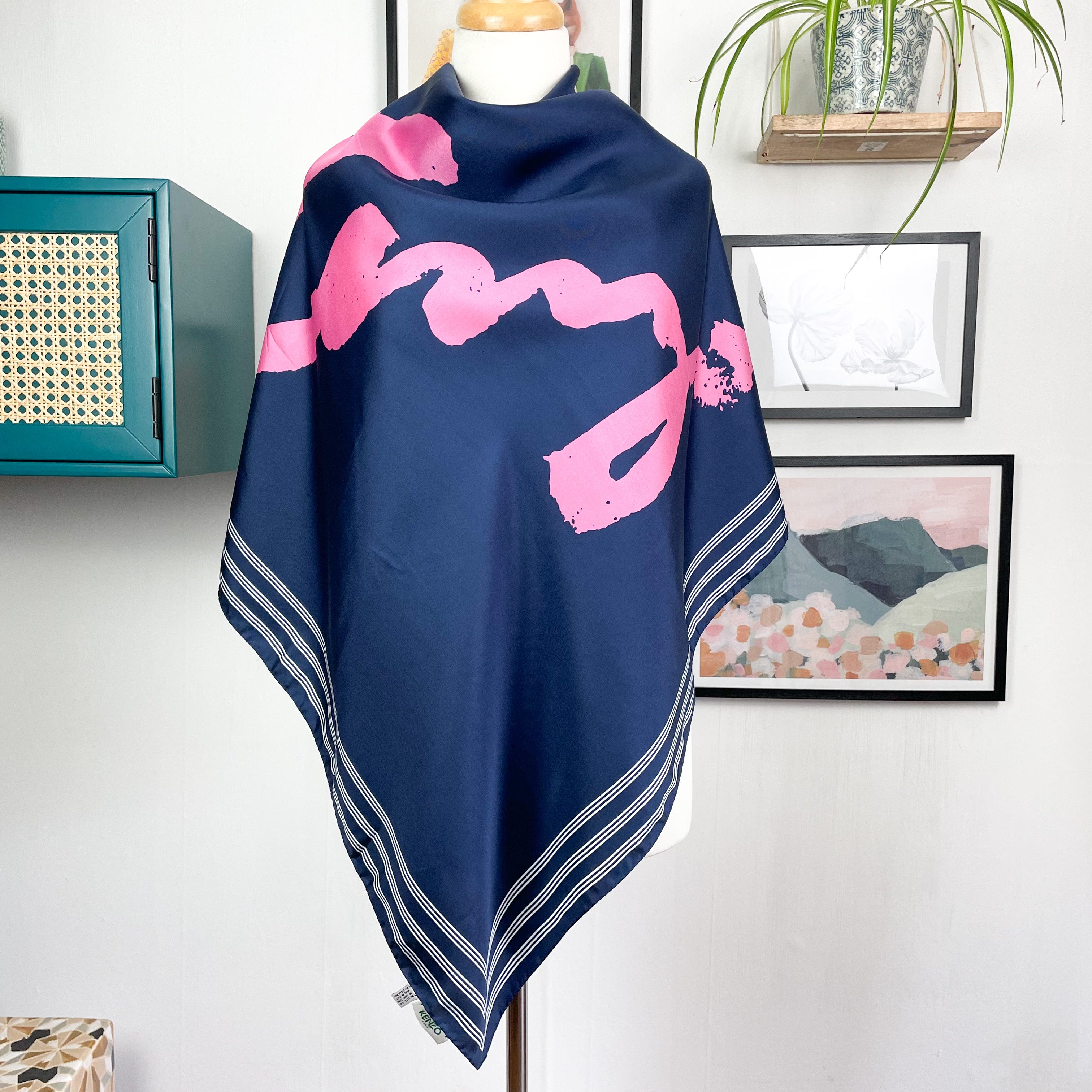 Striking Large Navy Kenzo Designer Silk Scarf