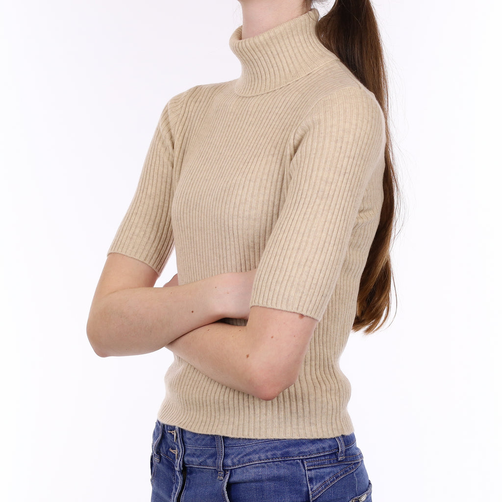 Oatmeal Rib Cashmere Short Sleeved Polo Neck Jumper Extra Small