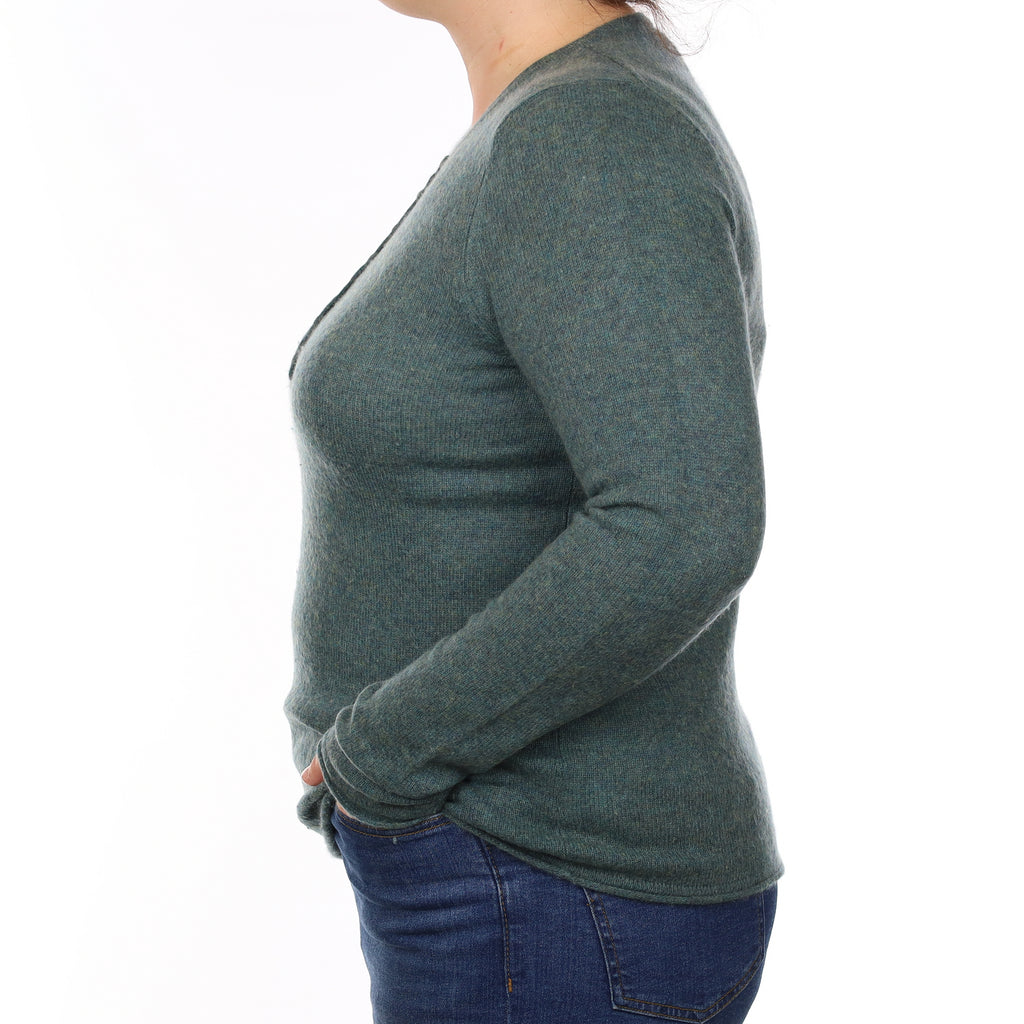 Spruce Green Cashmere Buttoned Crew Neck Jumper Large