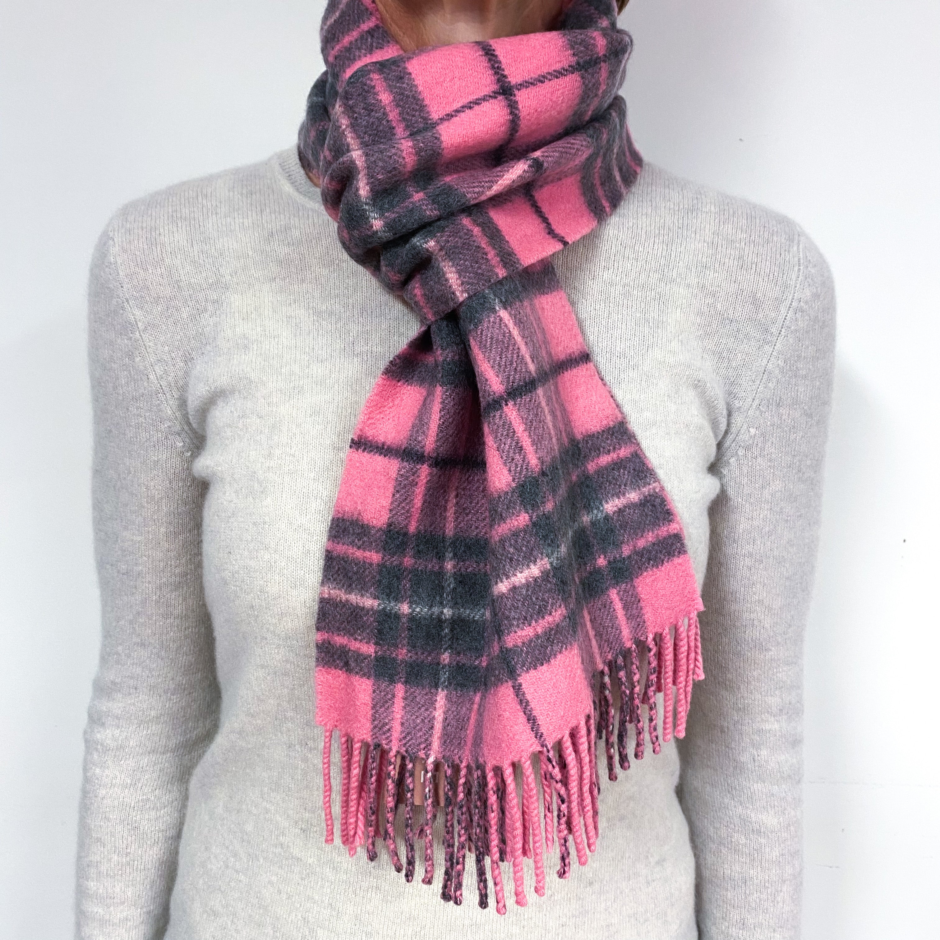 Pink and Grey Tartan Fringed Cashmere Woven Scarf