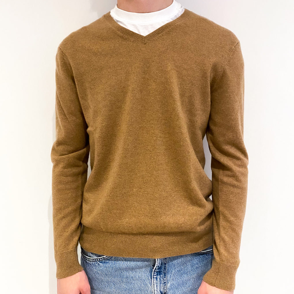Men's Toffee Brown Cashmere V-Neck Jumper Large