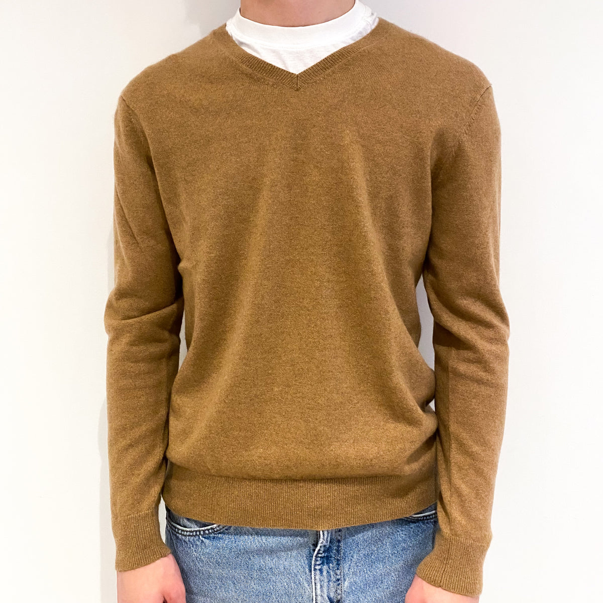 Men's Toffee Brown Cashmere V-Neck Jumper Large