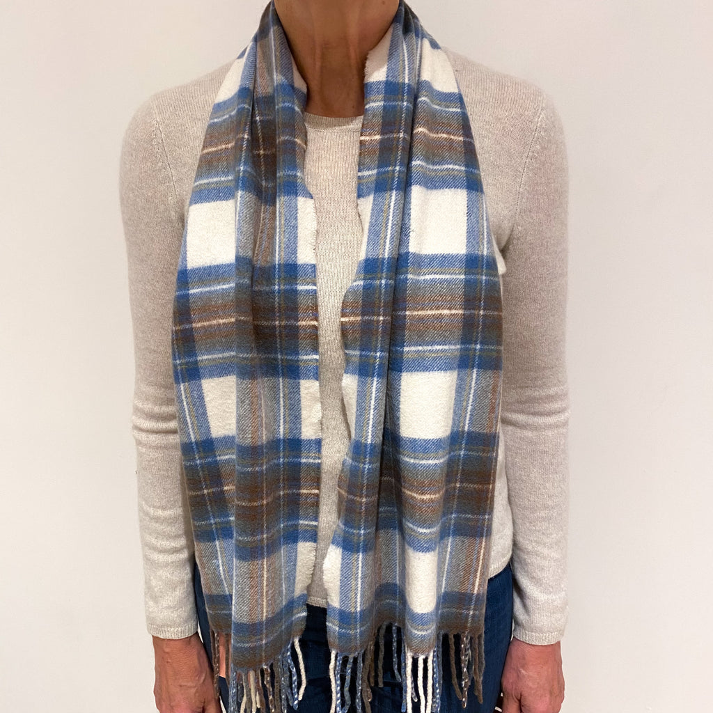 Blue and Cream Checked Fringed Cashmere Woven Scarf
