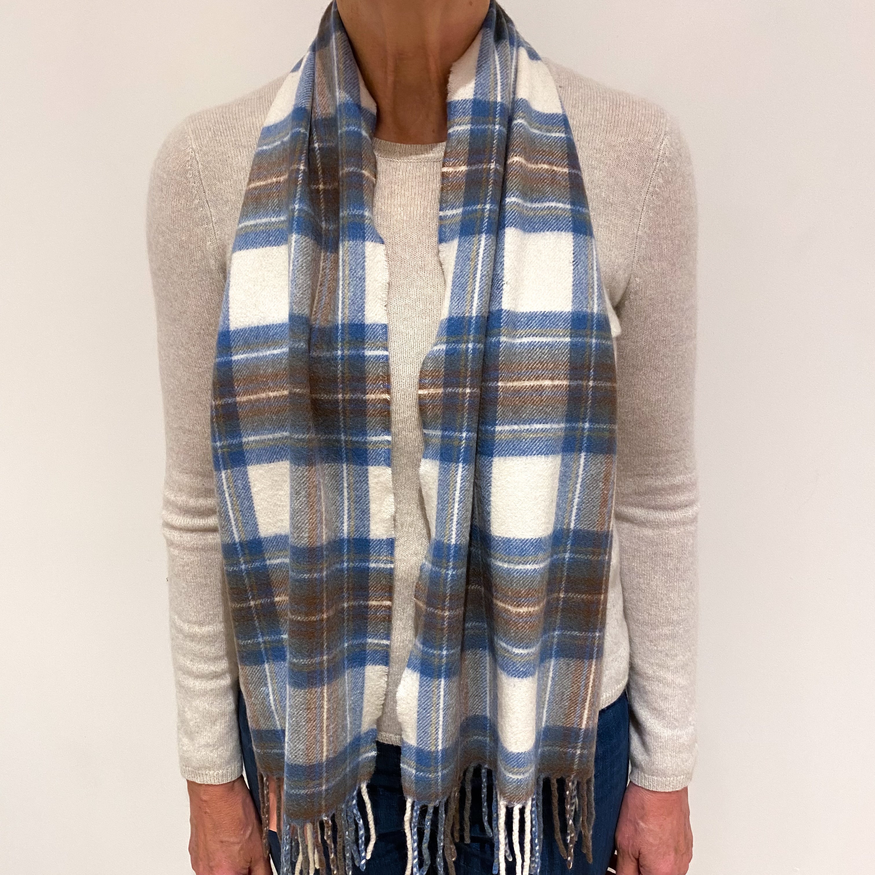 Blue and Cream Checked Fringed Cashmere Woven Scarf