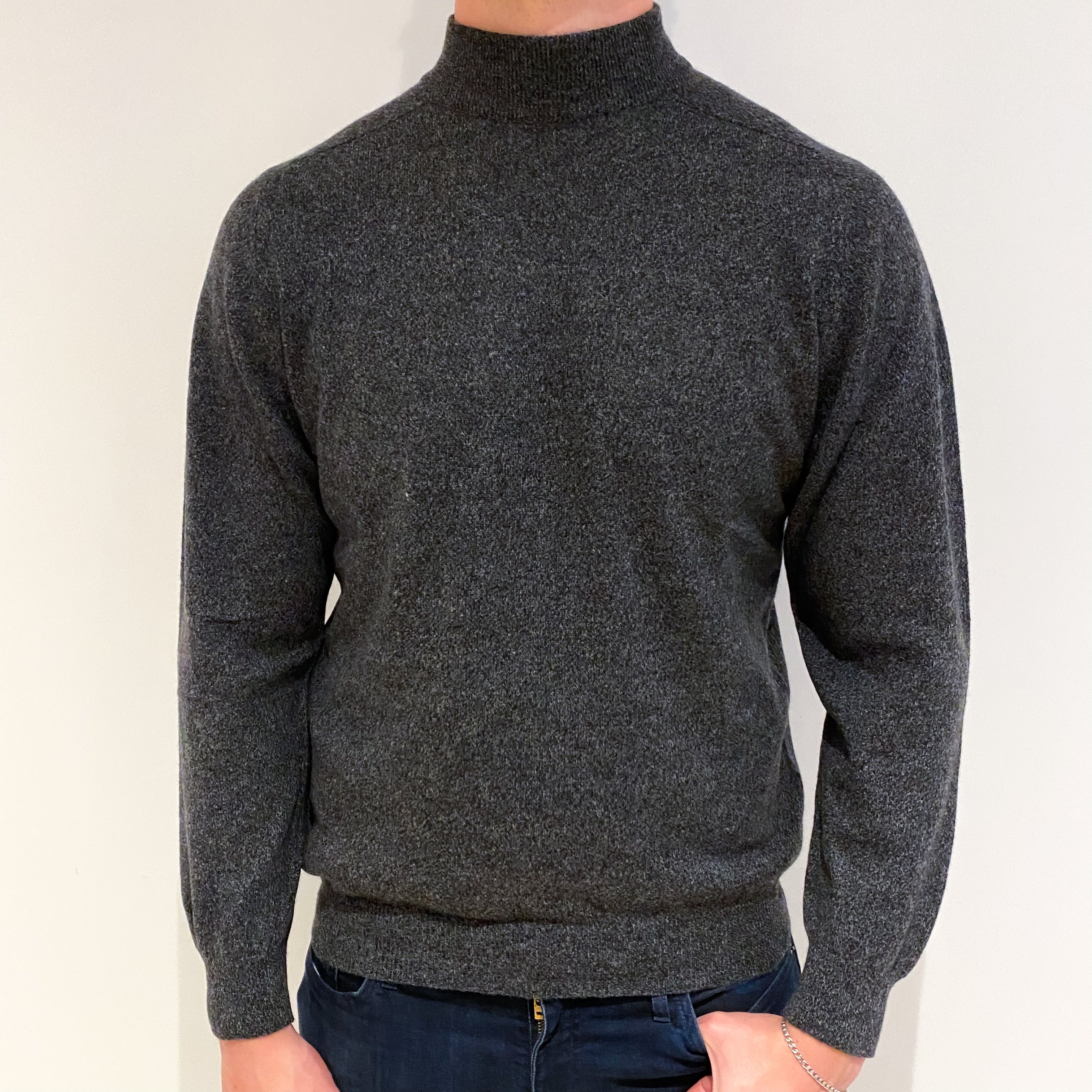 Men's Charcoal Brown Cashmere Turtle Neck Jumper XL