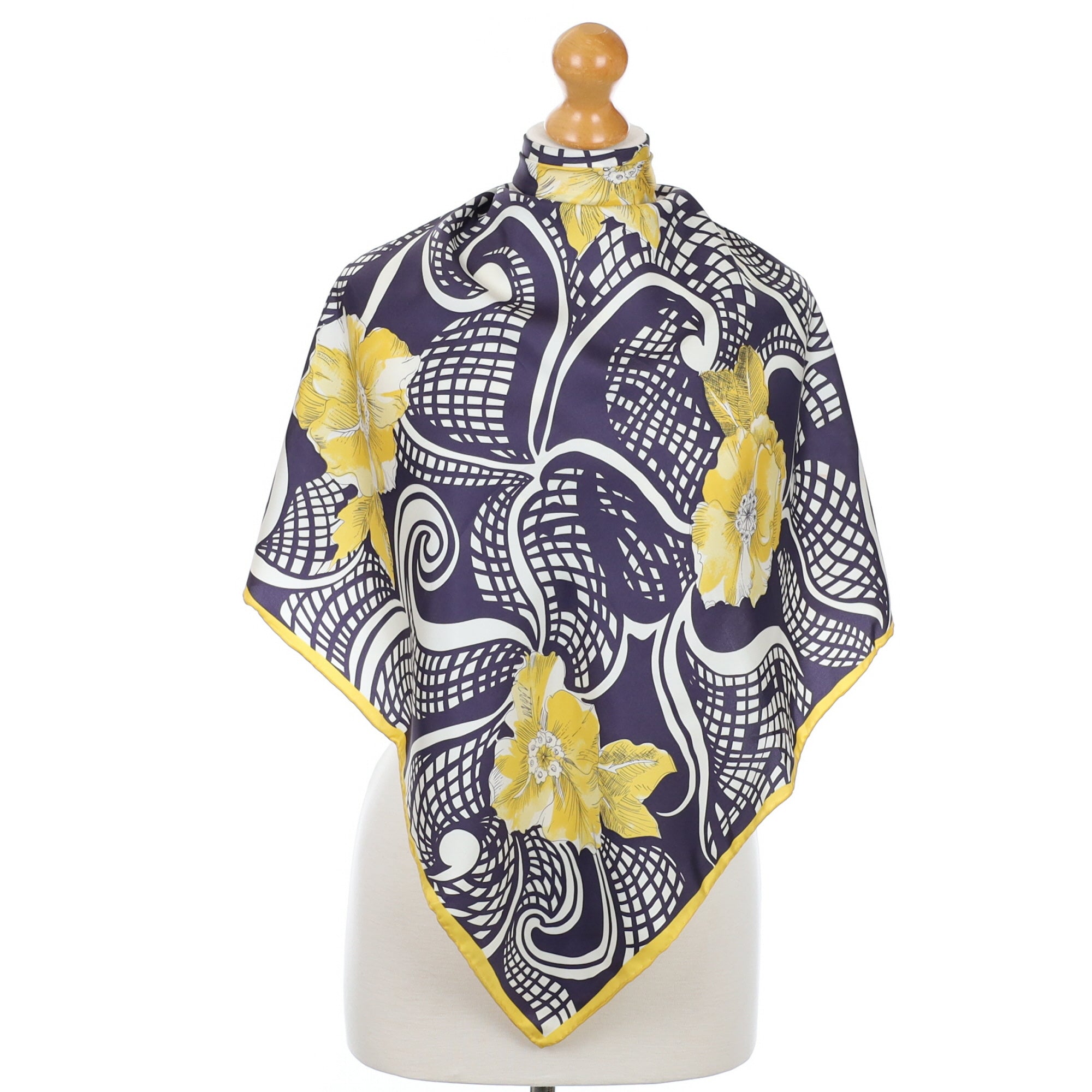 Abstract Floral Navy & Yellow Vintage Silk Scarf