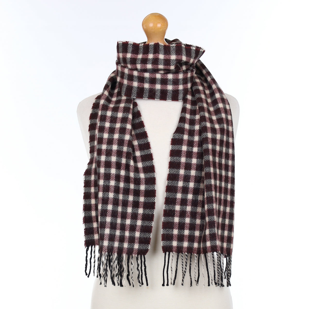 Damson Purple and Black Checked Cashmere Woven Scarf