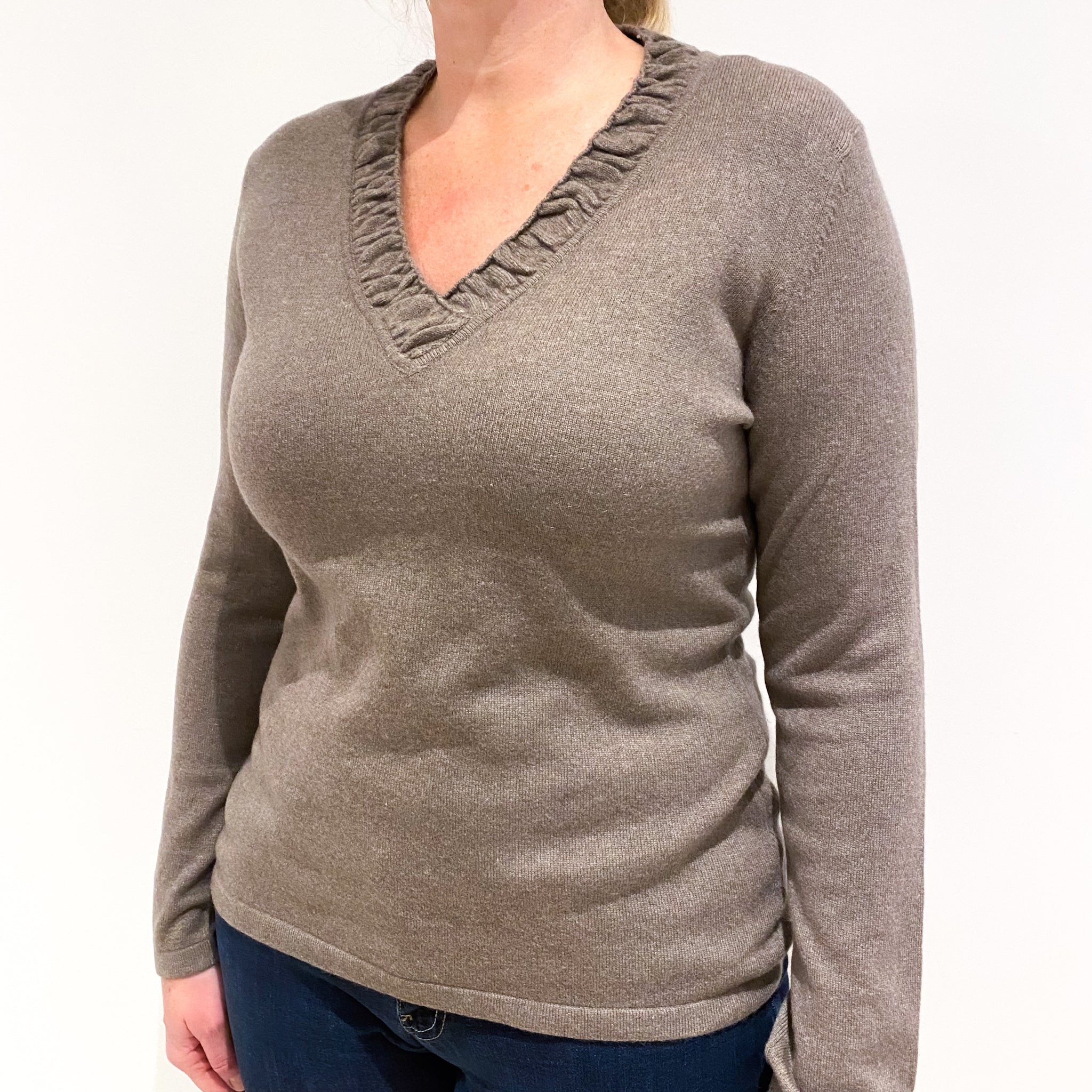 Mink Brown Cashmere V-Neck Jumper Large