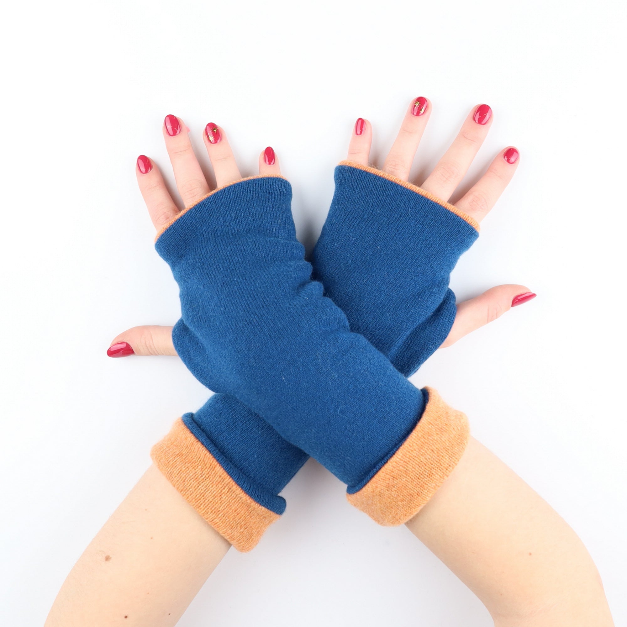 Naval Blue and Orange Luxury Reversible Cashmere Fingerless Gloves