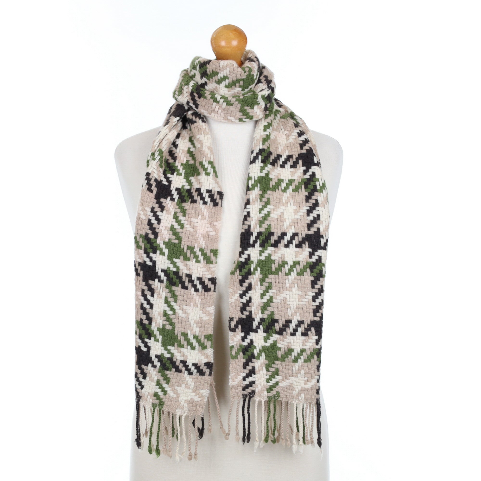 Fawn Green Basket Weave Cashmere Fringed Scarf