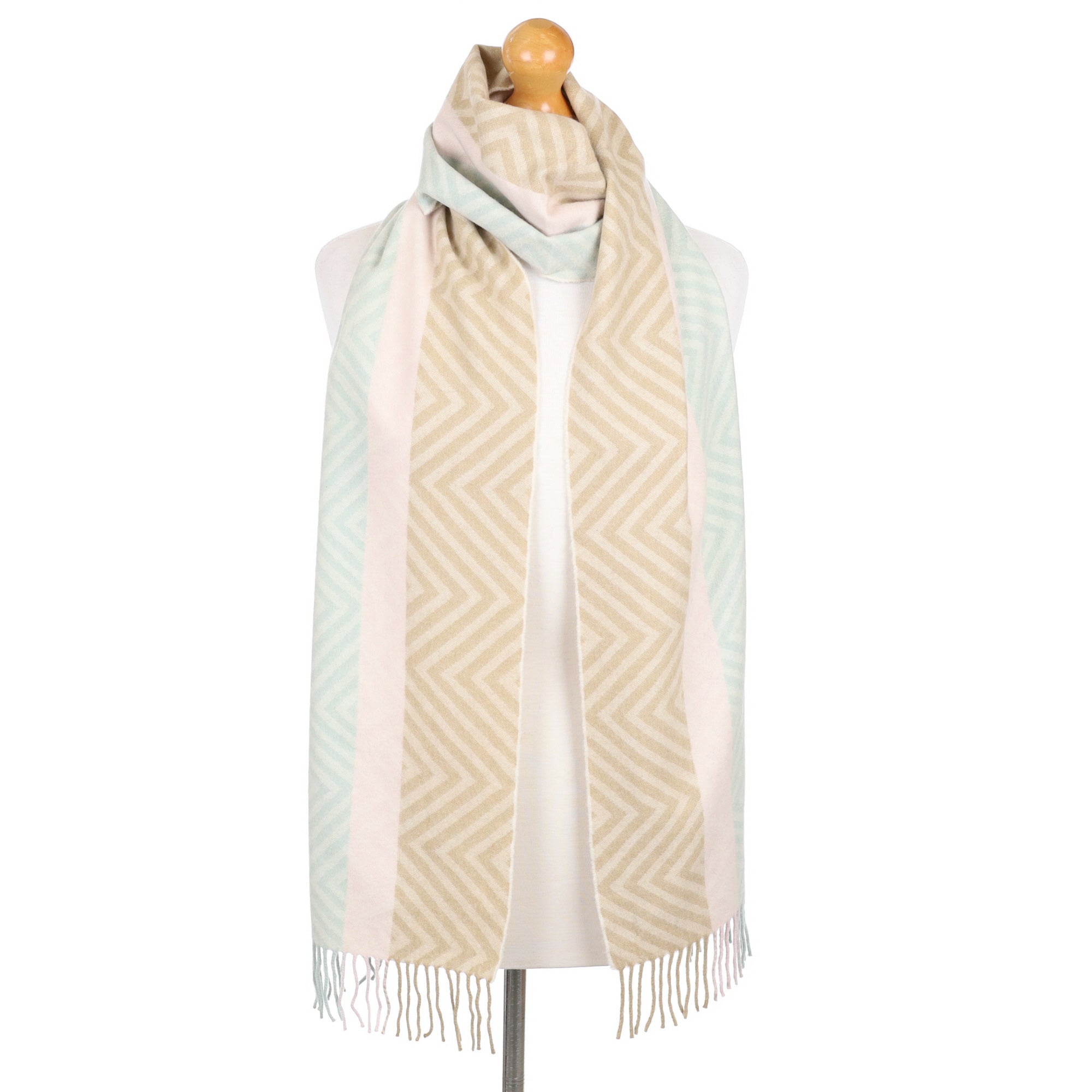 Toffee and Mint Zig Zag Cashmere Tasselled Woven Scarf