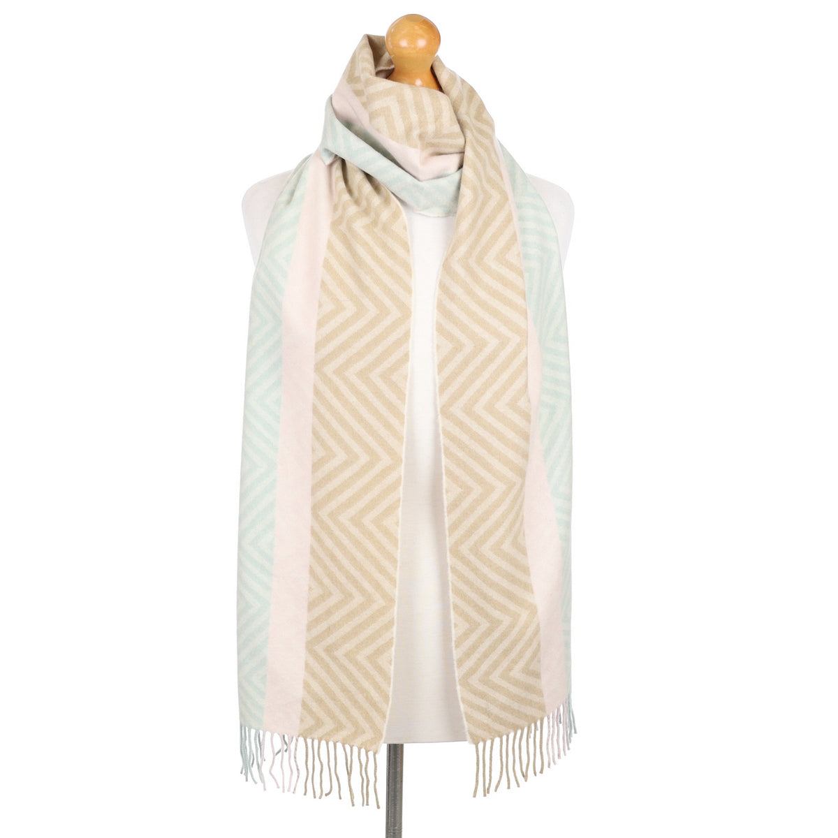 Toffee and Mint Zig Zag Cashmere Tasselled Woven Scarf