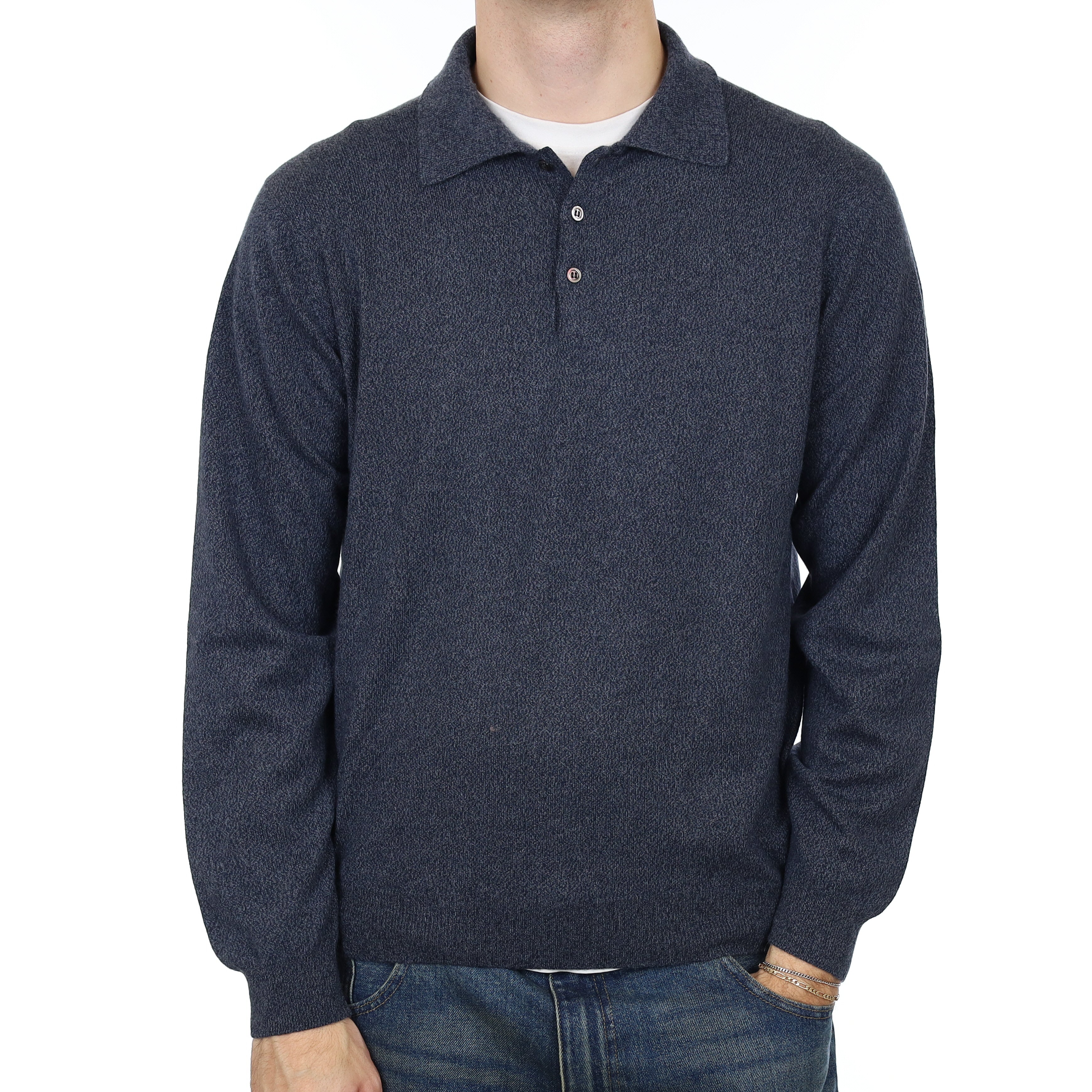 Men’s Neiman Marcus Grey Blue Marl Cashmere Quarter Button Jumper Medium