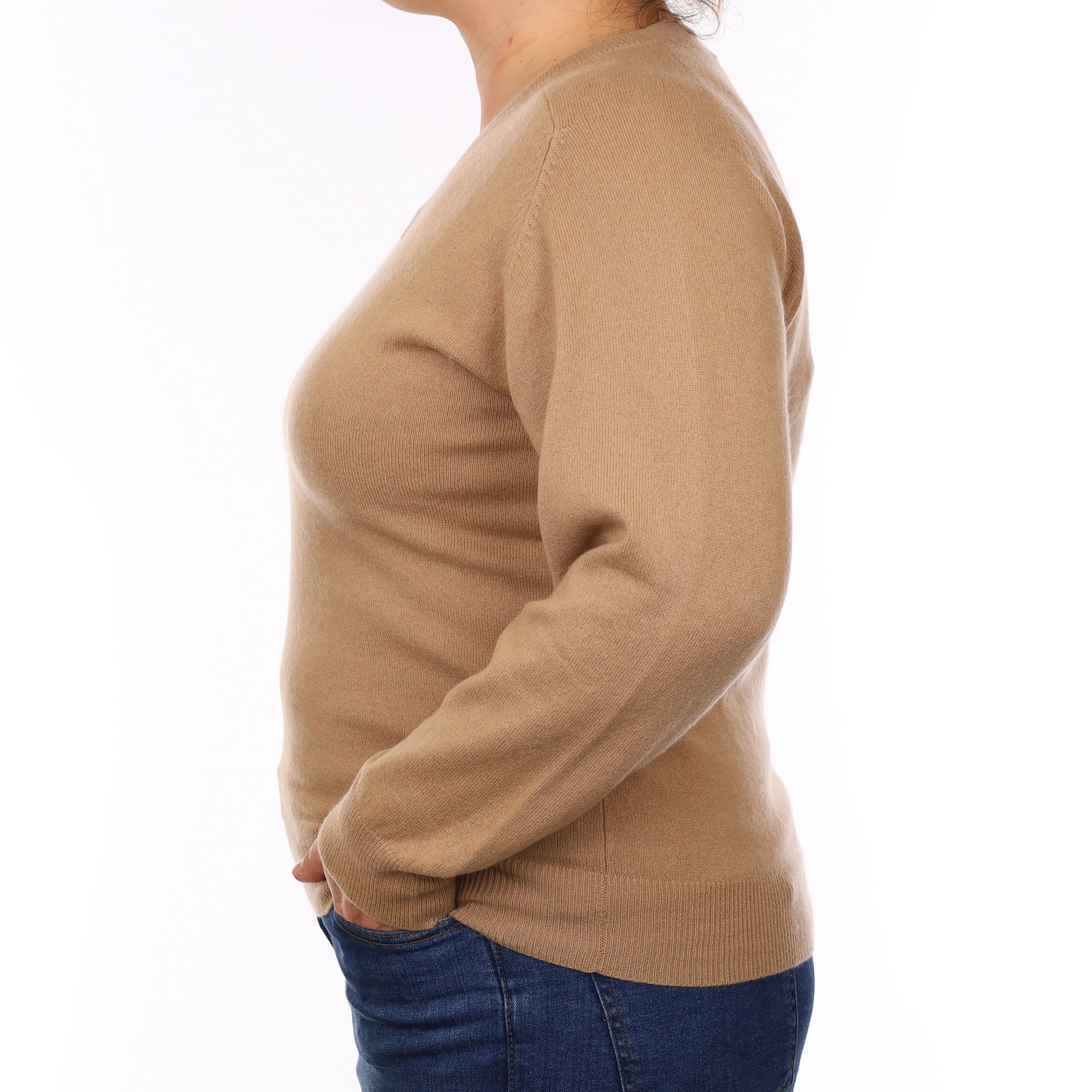 Camel Brown Cashmere V Neck Jumper Large